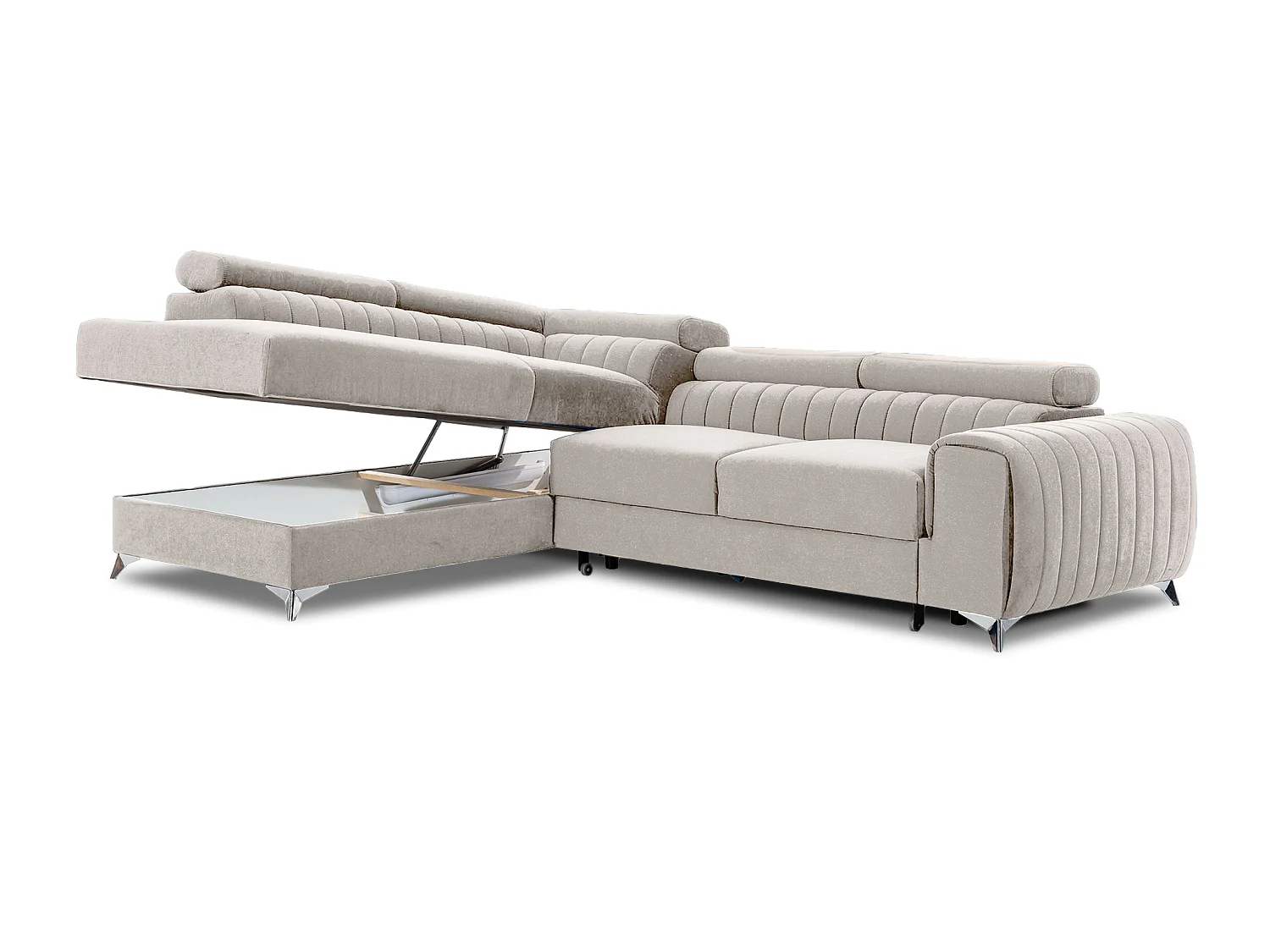 Moderno Divano Letto ad Angolo Laurence a Forma di L con Poggiatesta Regolabili e Contenitore - 278 x 205 cm