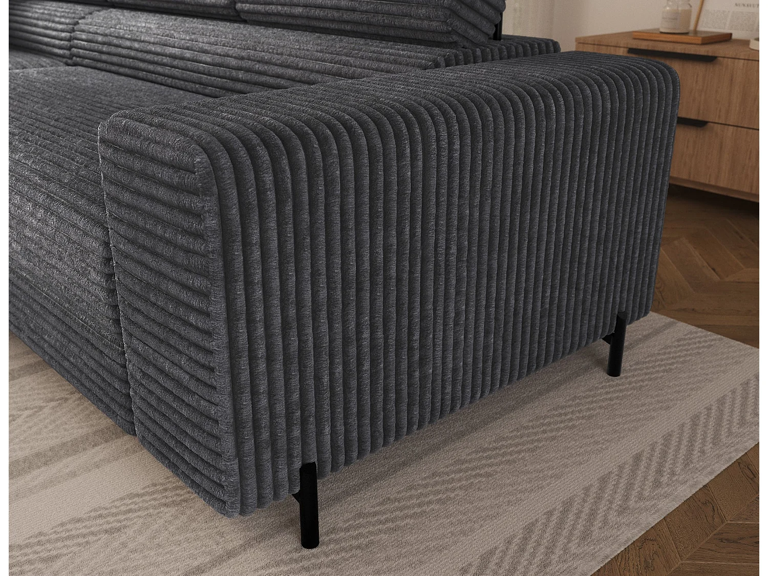 Ecksofa COLESIO L-Form, Schlaffunktion, Bettkasten, verstellbare Kopfstützen, Wellenfederung, Metallfüße, breiter Cordstoff