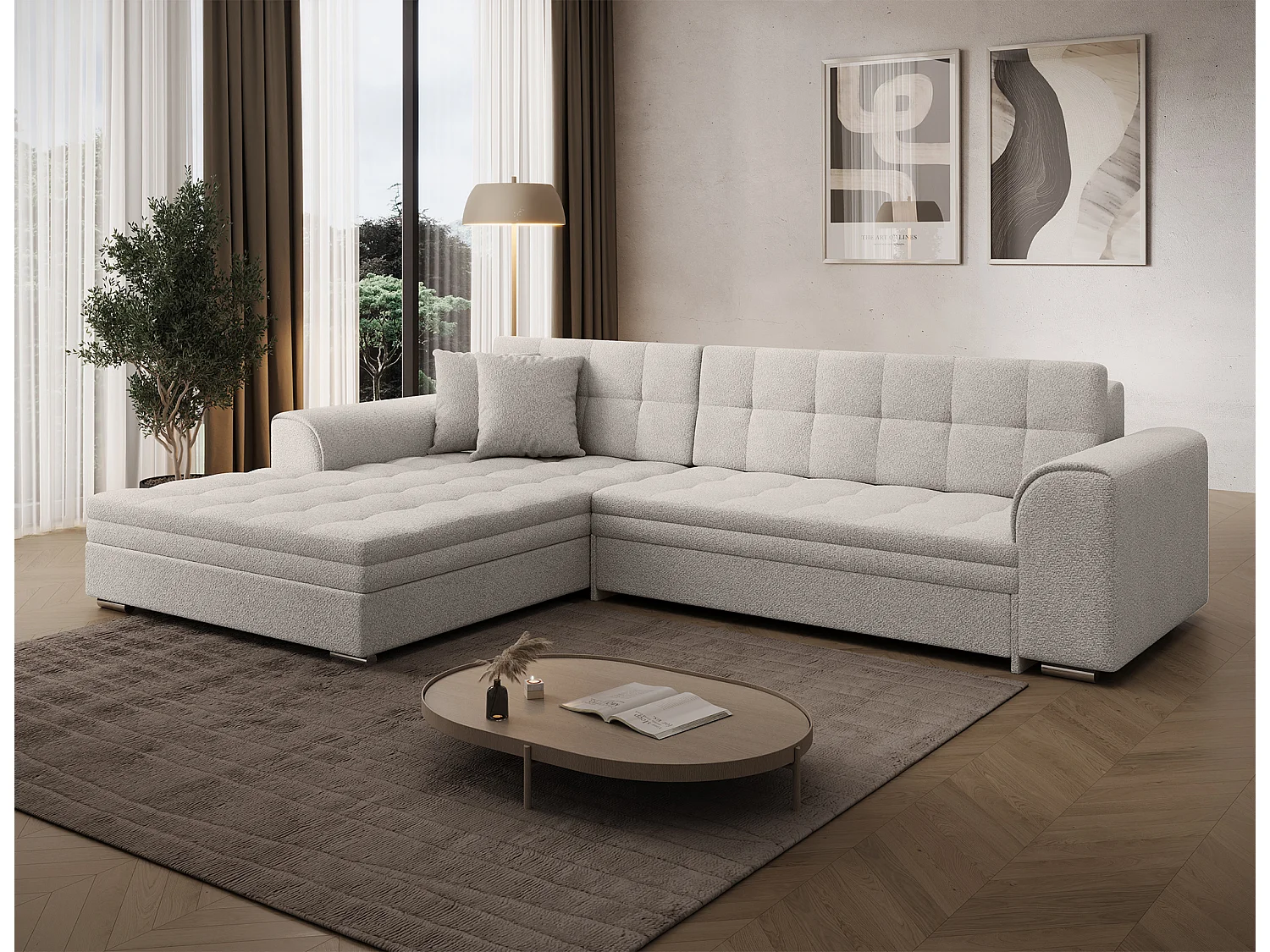 Canapé-lit moderne en forme de L SORENTO avec mécanisme Dolphin - Beige 296 cm