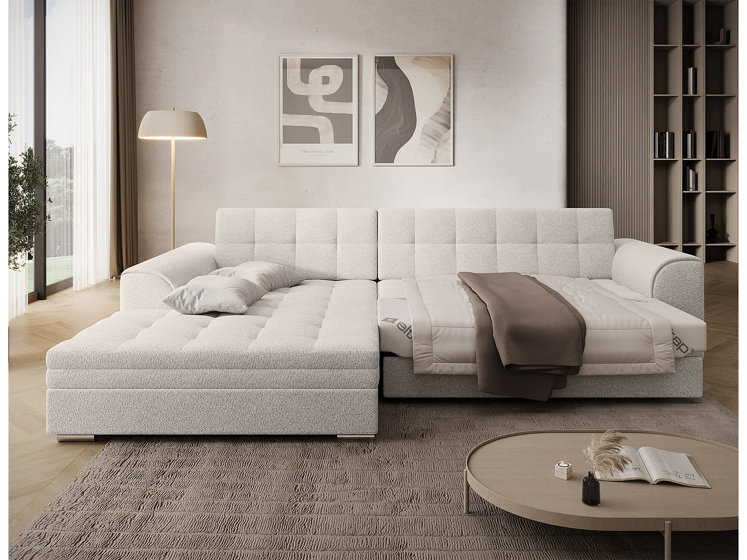 Canapé-lit moderne en forme de L SORENTO avec mécanisme Dolphin - Beige 296 cm
