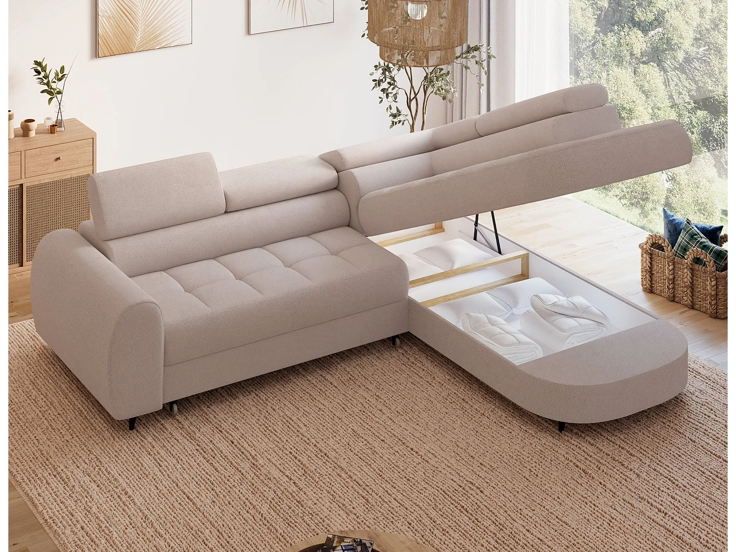 Ecksofa Vesteria mit Schlaffunktion und Bettkasten – Modernes Design, verstellbare Kopfstützen und hoher Sitzkomfort