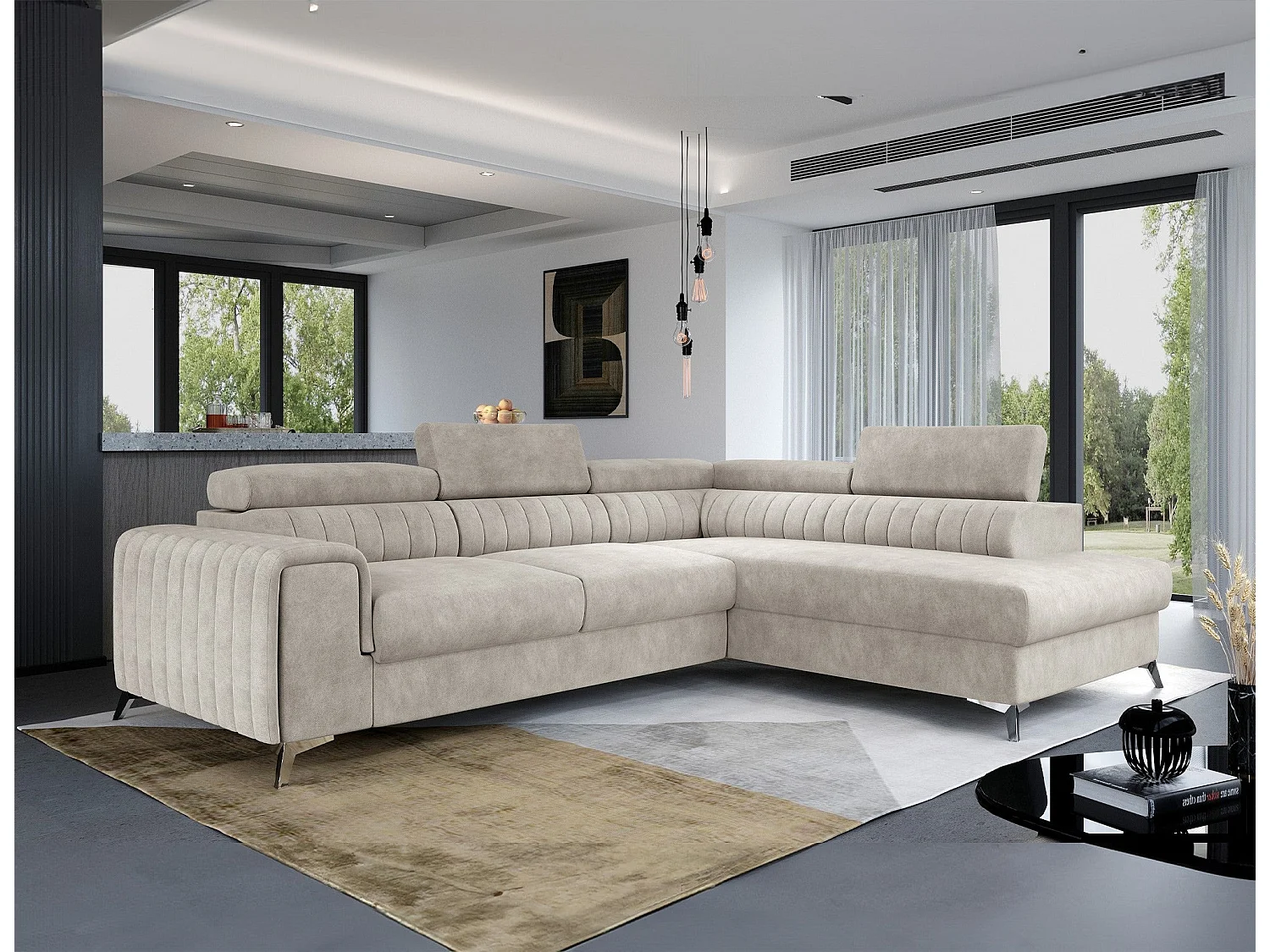 Divano letto moderno a L Laurence con poggiatesta regolabili e contenitore - 278 x 205 cm
