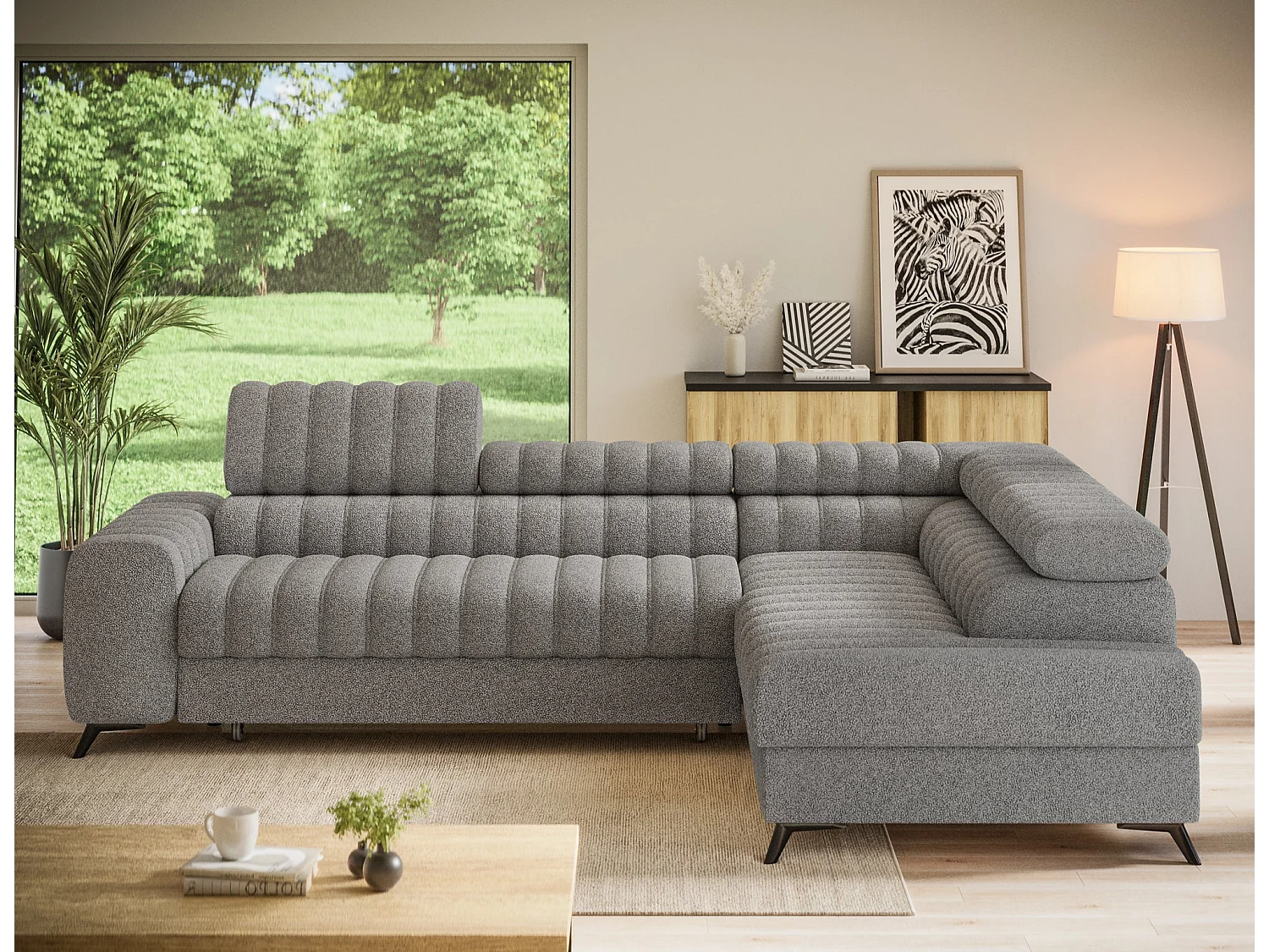 Kanedo Slaapbank met Opbergruimte en Verstelbare Hoofdsteunen - Modern Design, Metalen Poten, Grijs Stof en Velours