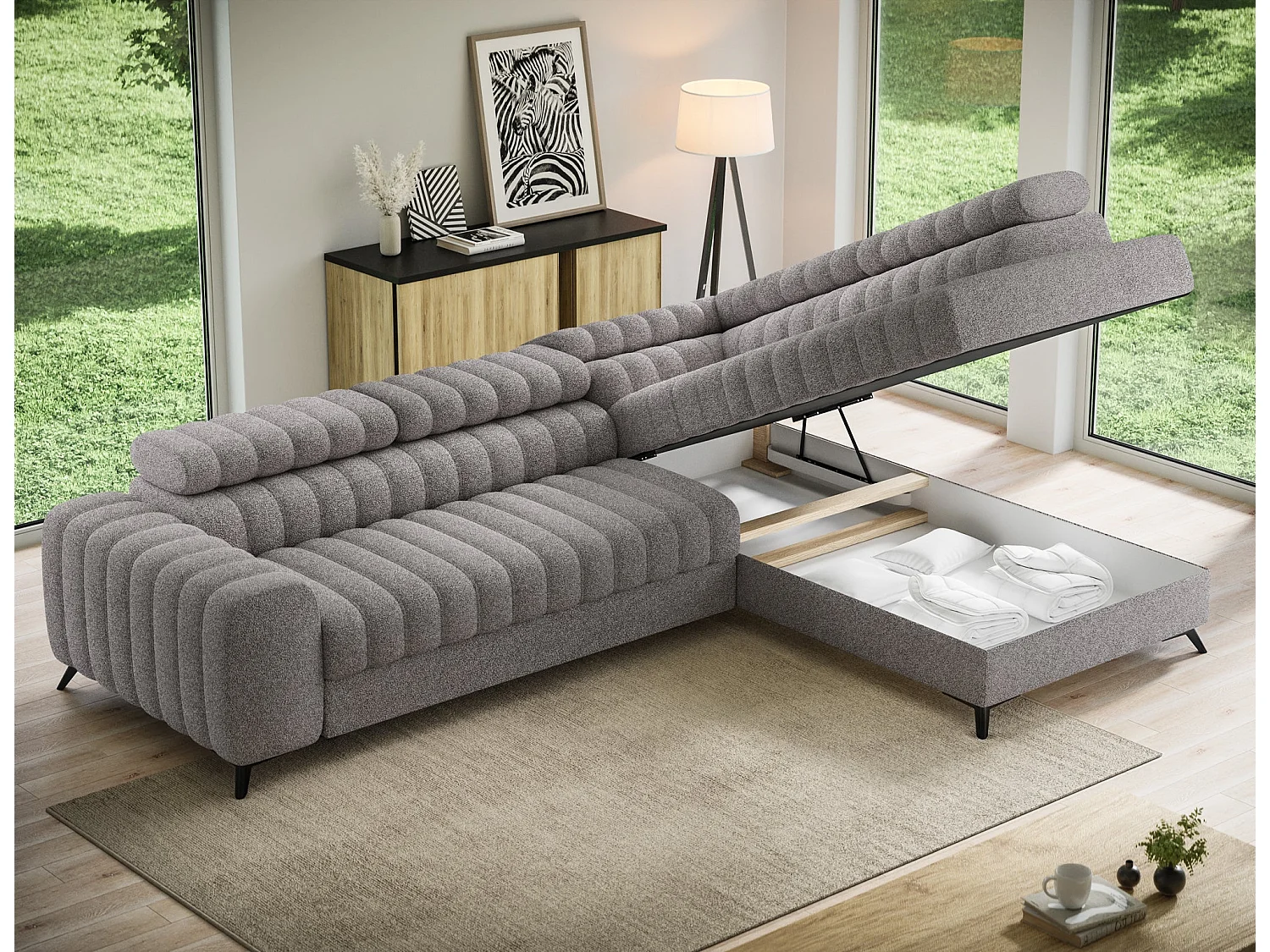 Kanedo Slaapbank met Opbergruimte en Verstelbare Hoofdsteunen - Modern Design, Metalen Poten, Grijs Stof en Velours
