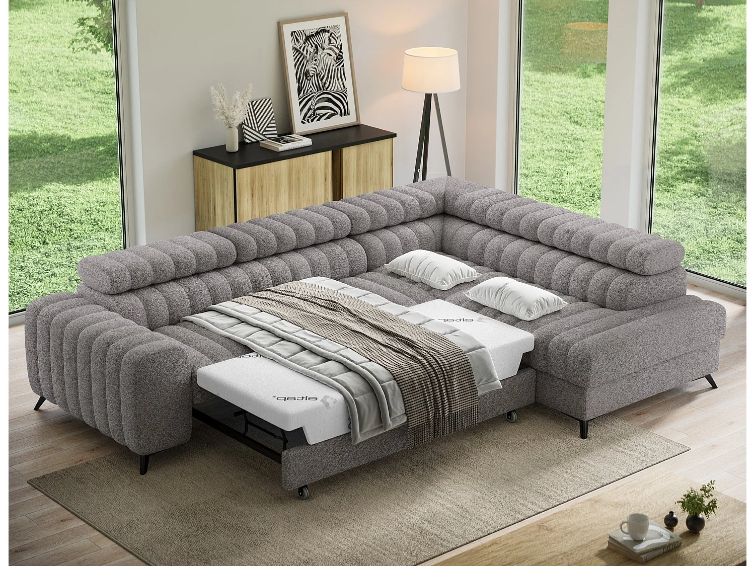 Kanedo Slaapbank met Opbergruimte en Verstelbare Hoofdsteunen - Modern Design, Metalen Poten, Grijs Stof en Velours