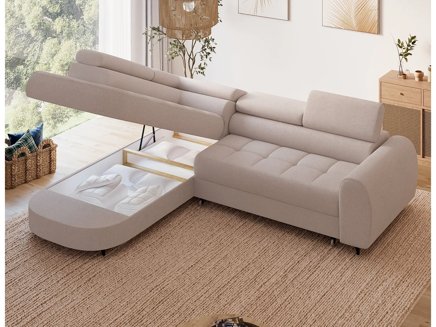 Ecksofa Vesteria mit Schlaffunktion und Bettkasten – Modernes Design, verstellbare Kopfstützen und hoher Sitzkomfort