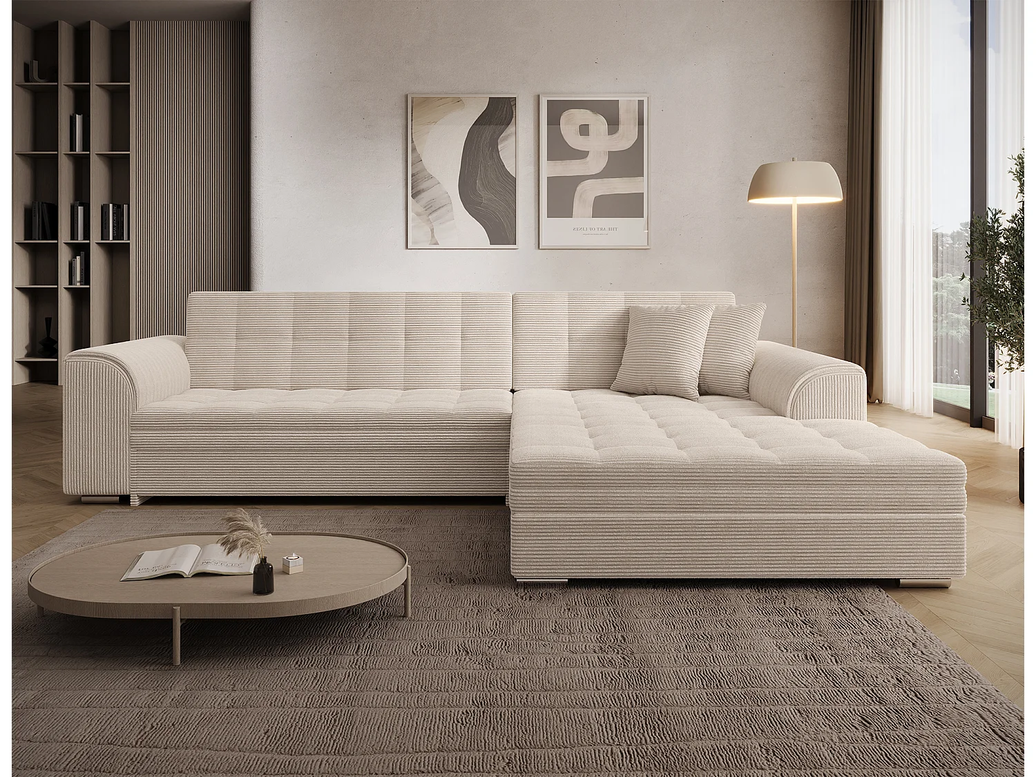 Moderno Divano Letto a Forma di L Beige con Meccanismo Dolphin e Alto Comfort - Ecksofa SORENTO 296 cm