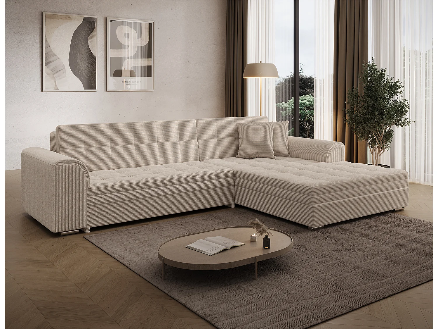 Moderno Divano Letto a Forma di L Beige con Meccanismo Dolphin e Alto Comfort - Ecksofa SORENTO 296 cm