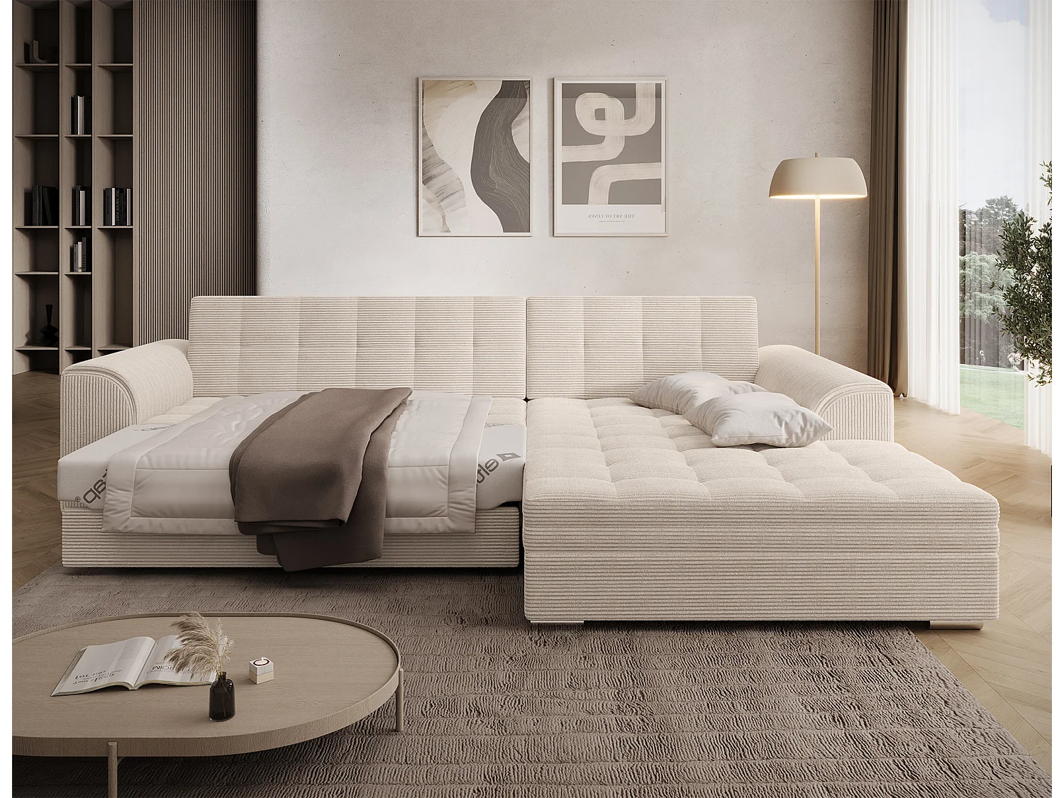 Moderno Divano Letto a Forma di L Beige con Meccanismo Dolphin e Alto Comfort - Ecksofa SORENTO 296 cm