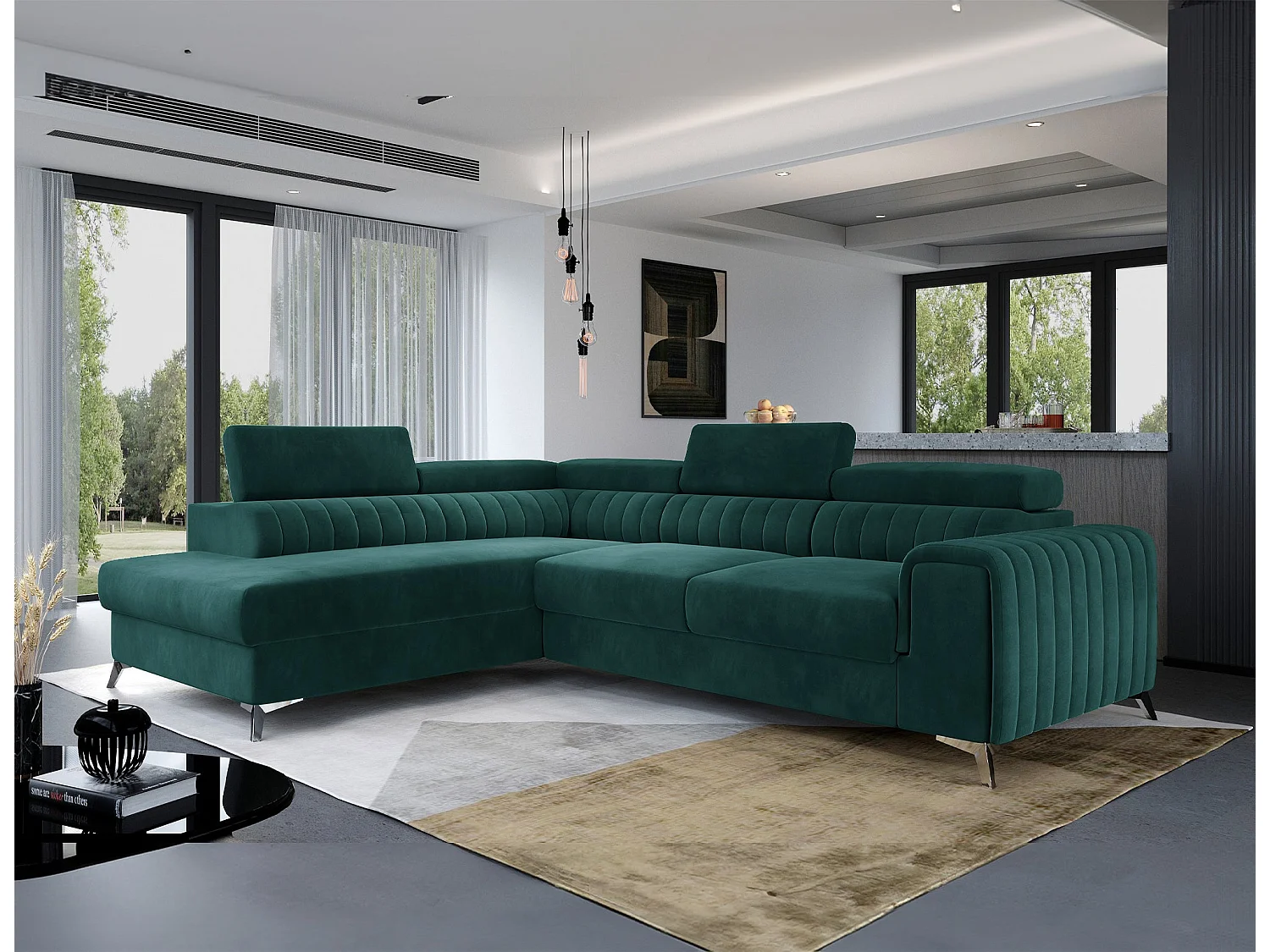 Divano Letto a Forma di L Moderno Verde con Poggiatesta Regolabili e Contenitore - 278 x 205 cm