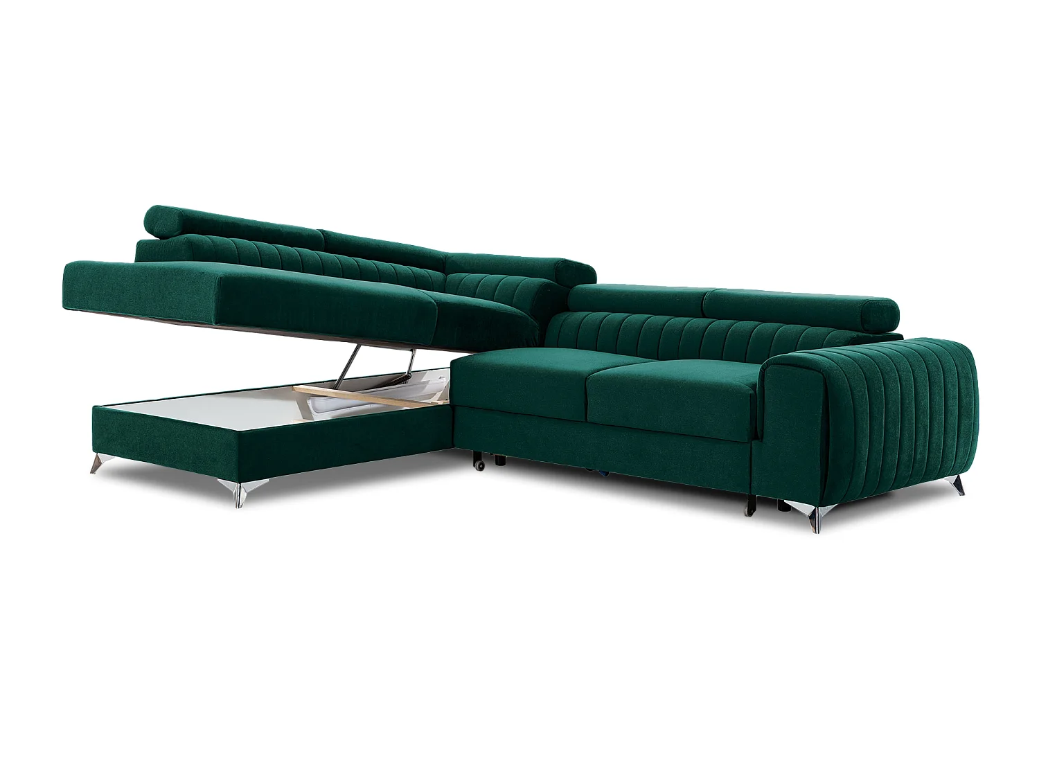 Divano Letto a Forma di L Moderno Verde con Poggiatesta Regolabili e Contenitore - 278 x 205 cm
