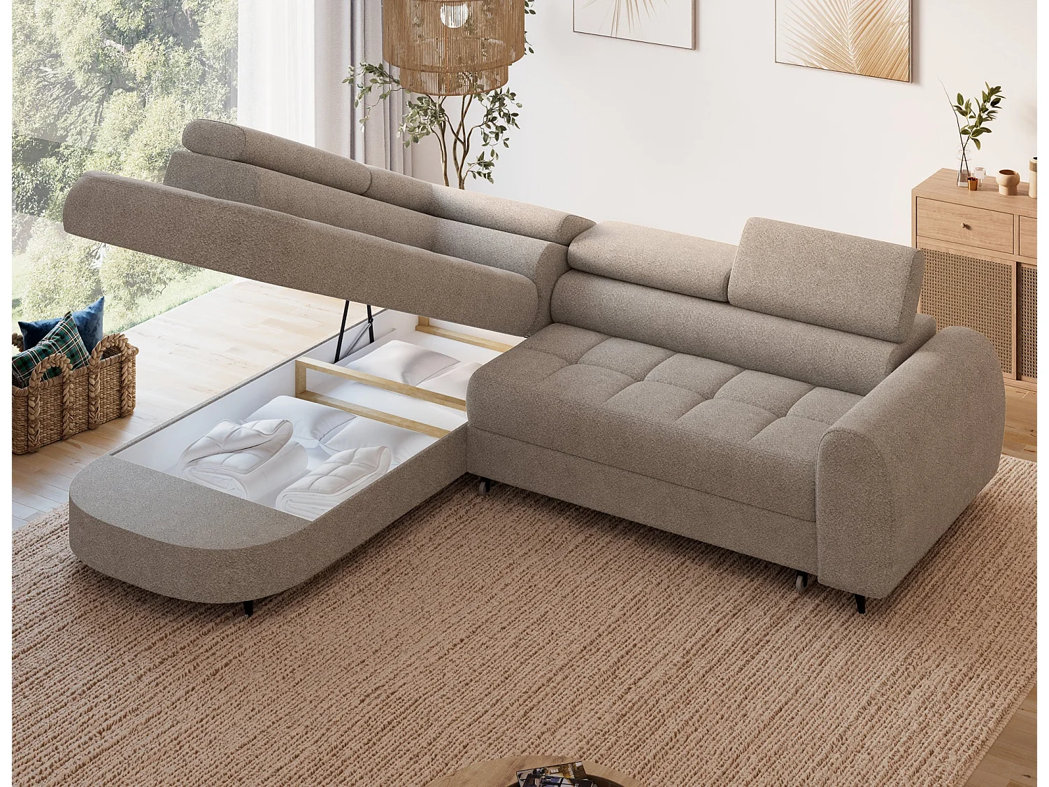 Canapé d'angle moderne Vesteria beige avec fonction de couchage, rangement et appuie-têtes réglables