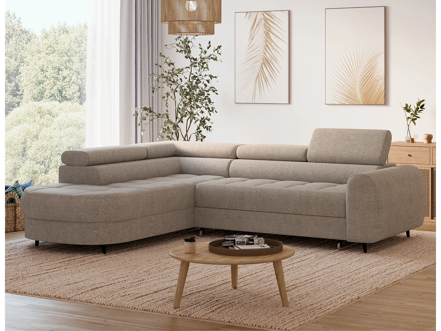 Canapé d'angle moderne Vesteria beige avec fonction de couchage, rangement et appuie-têtes réglables