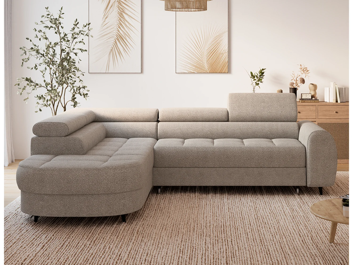 Canapé d'angle moderne Vesteria beige avec fonction de couchage, rangement et appuie-têtes réglables