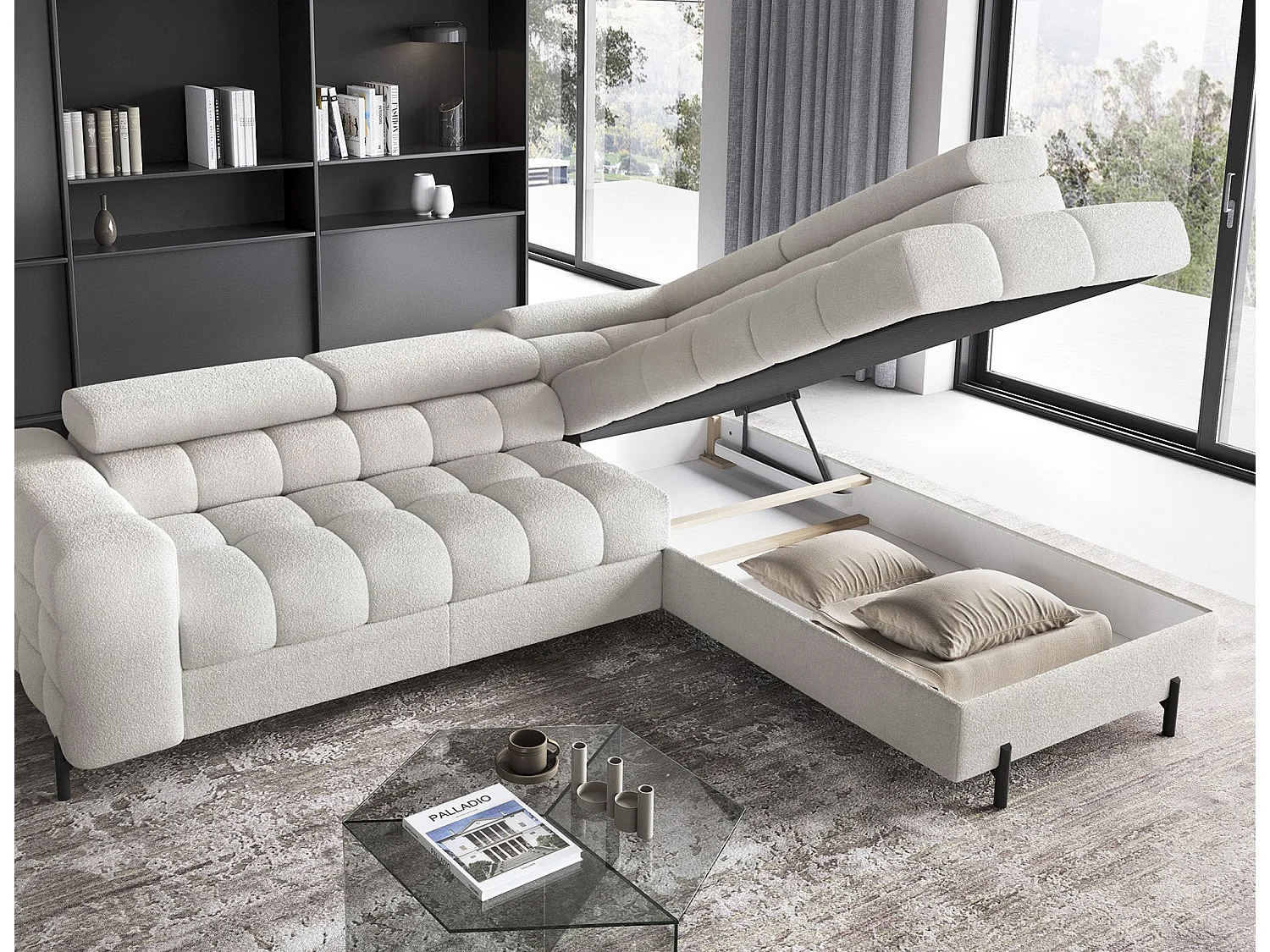 Wohnlandschaft FERUCCE Ecksofa L-Form – Polsterecke mit Schlaffunktion, Bettkasten & verstellbaren Kopfstützen 276 cm