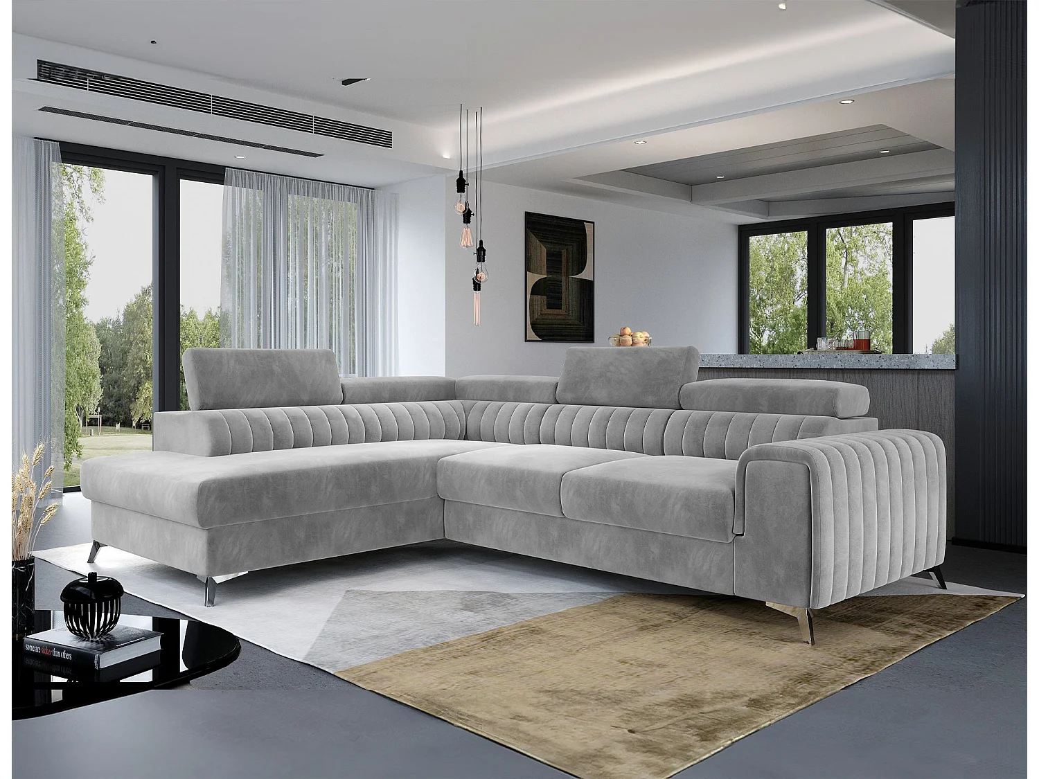Moderne L-vormige slaapbank Laurence met verstelbare hoofdsteunen en opbergruimte - 278 x 205 cm