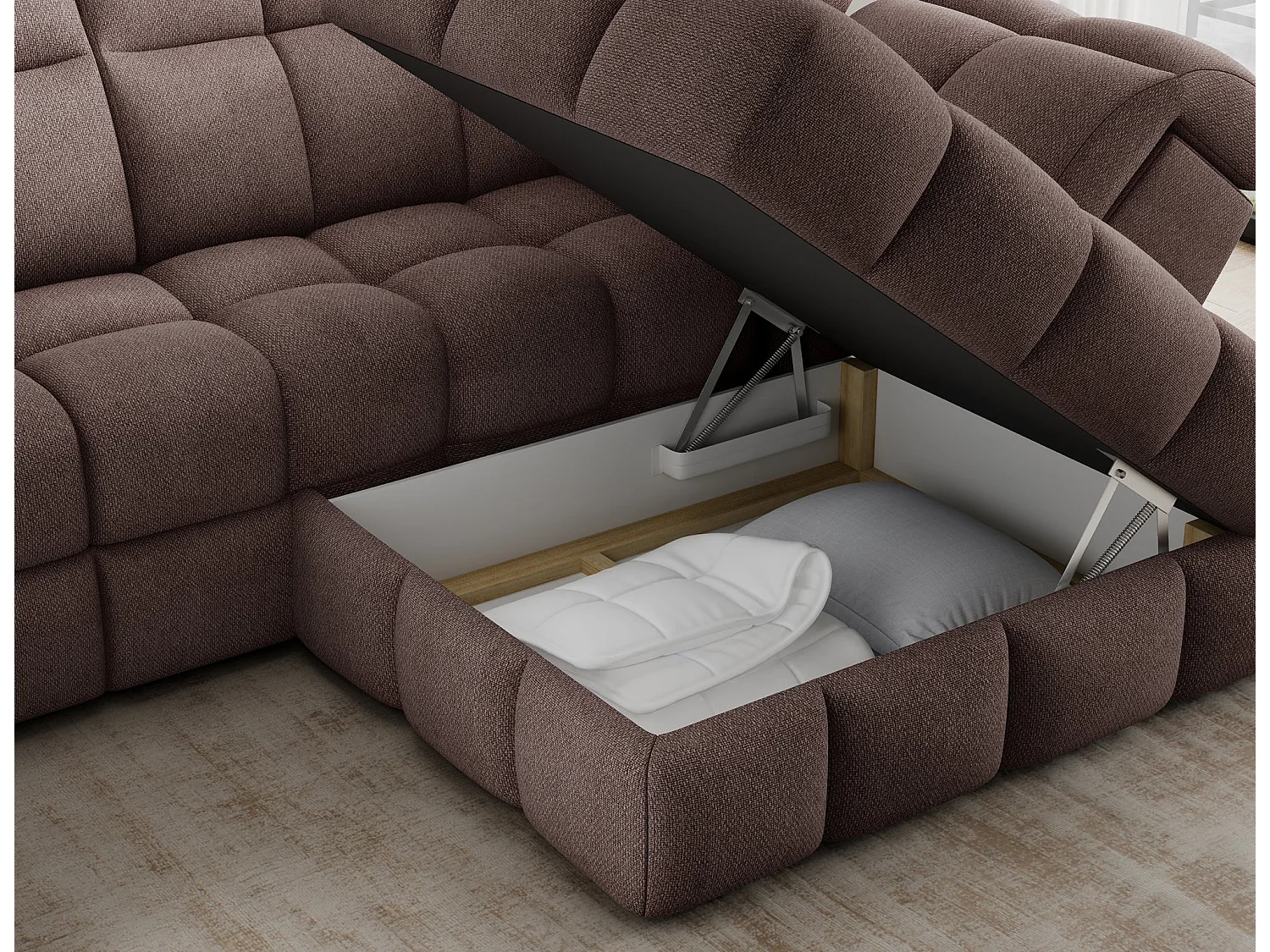 Ecksofa Bronon mit Schlaffunktion und Bettkasten – Modernes Design, verstellbare Kopfstützen und verschiebbare Rückenlehnen
