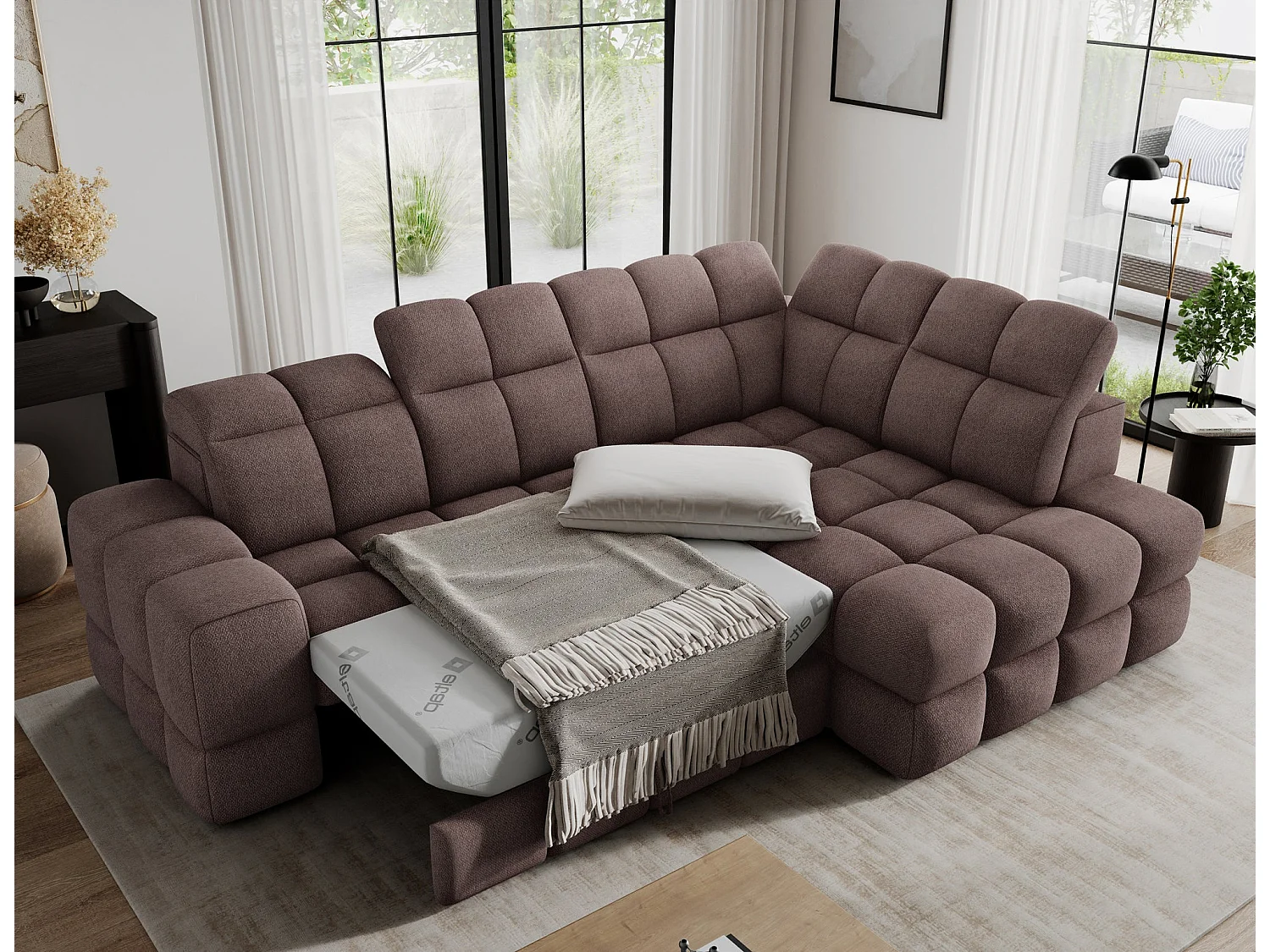 Ecksofa Bronon mit Schlaffunktion und Bettkasten – Modernes Design, verstellbare Kopfstützen und verschiebbare Rückenlehnen