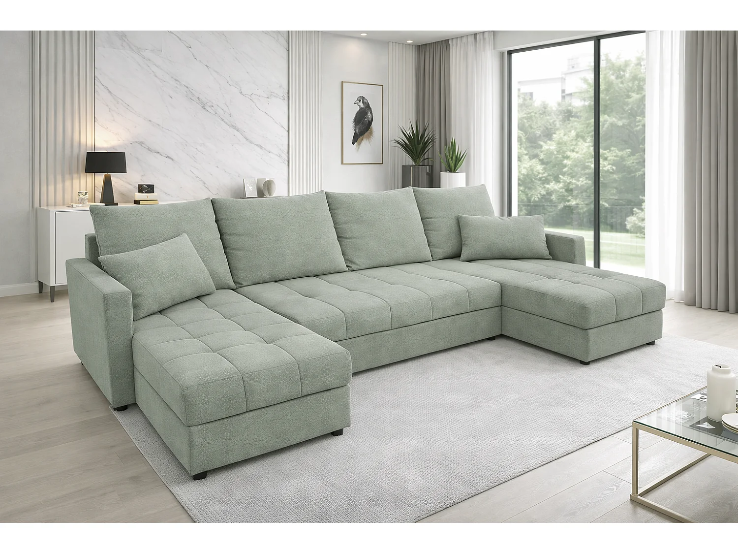 Canapé d'angle convertible 5 places avec rangement en tissu vert AURELIA