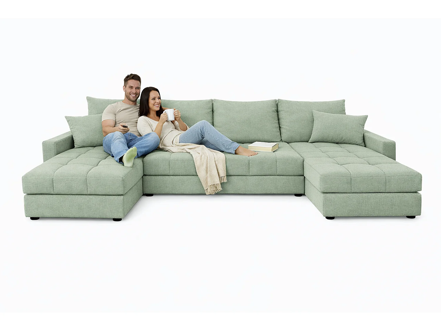 Canapé d'angle convertible 5 places avec rangement en tissu vert AURELIA