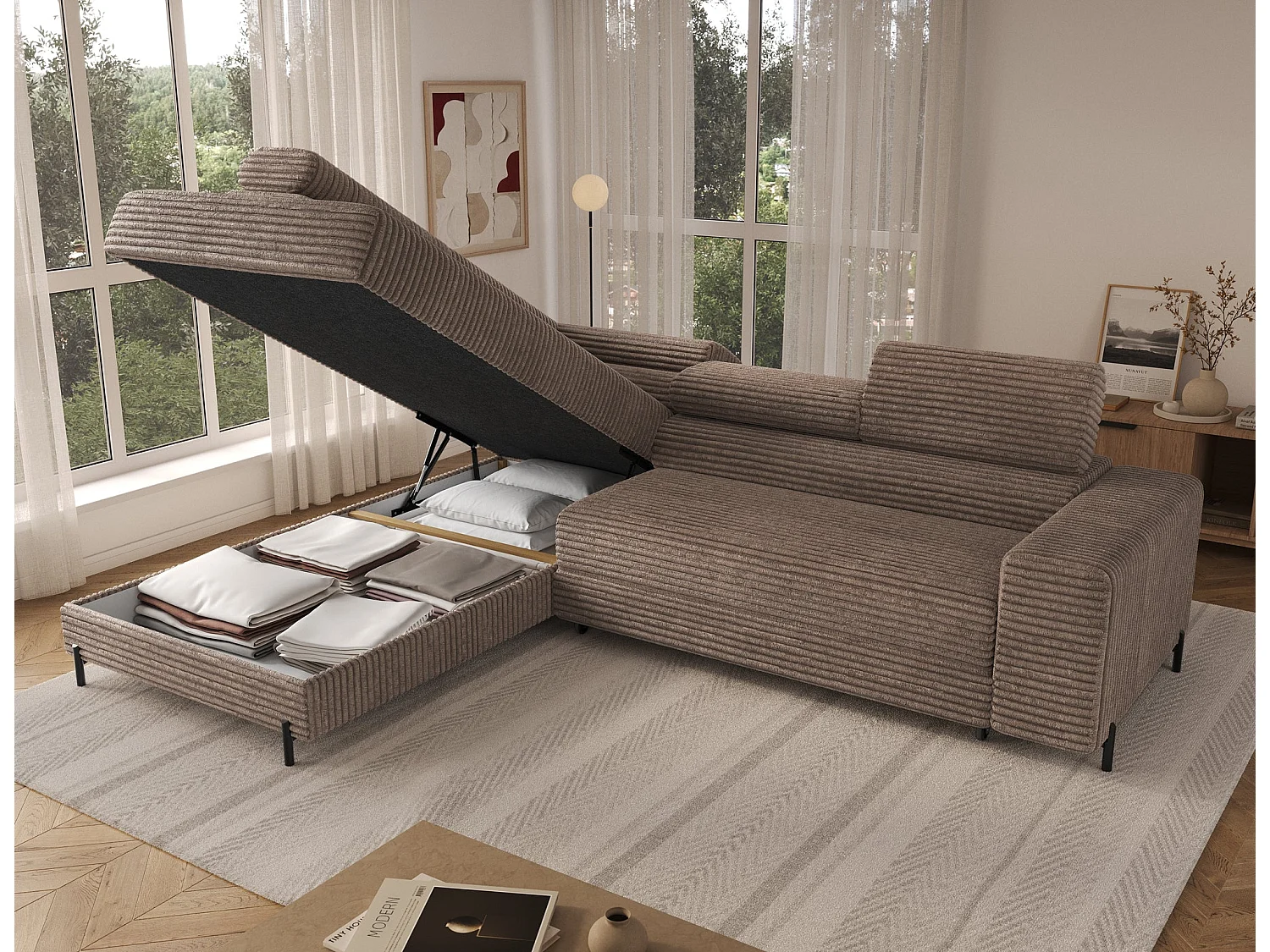 Ecksofa COLESIO L-Form, Schlaffunktion, Bettkasten, verstellbare Kopfstützen, Wellenfederung, Metallfüße, breiter Cordstoff