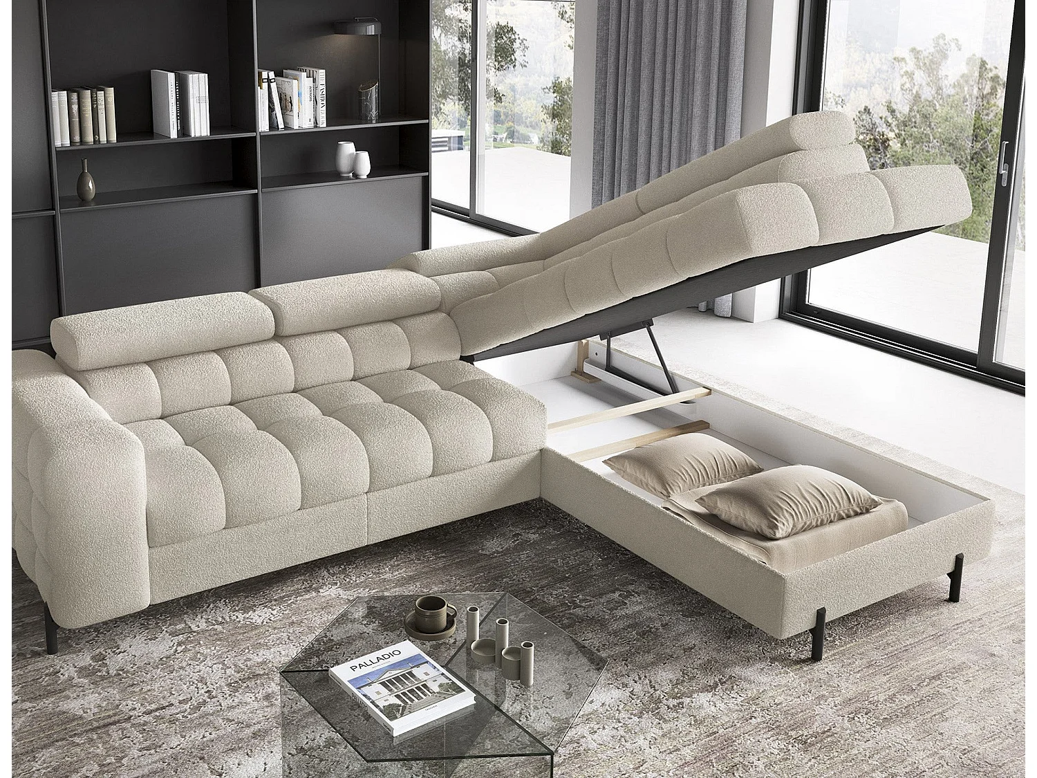 FERUCCE L-vormige slaapbank met verstelbare hoofdsteunen en opbergruimte - Modern design, hoog comfort, 276 cm