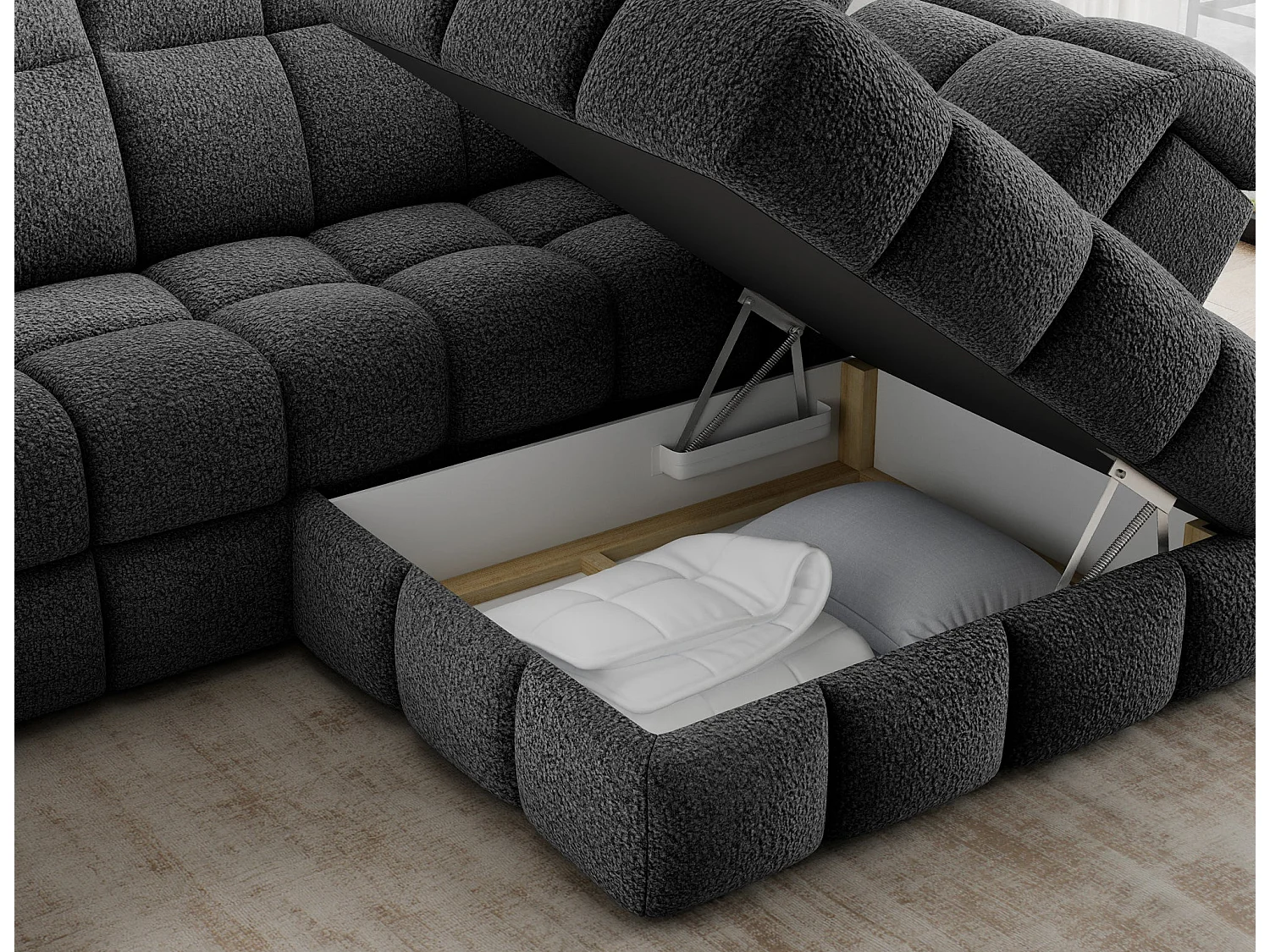 Ecksofa Bronon mit Schlaffunktion und Bettkasten – Modernes Design, verstellbare Kopfstützen und verschiebbare Rückenlehnen