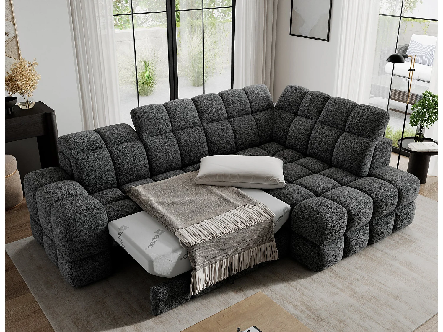 Ecksofa Bronon mit Schlaffunktion und Bettkasten – Modernes Design, verstellbare Kopfstützen und verschiebbare Rückenlehnen
