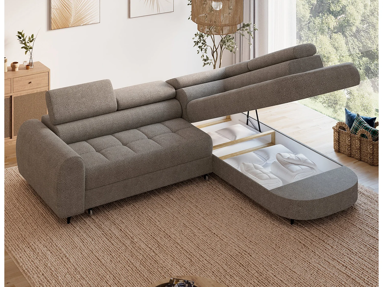 Ecksofa Vesteria mit Schlaffunktion und Bettkasten – Modernes Design, verstellbare Kopfstützen und hoher Sitzkomfort