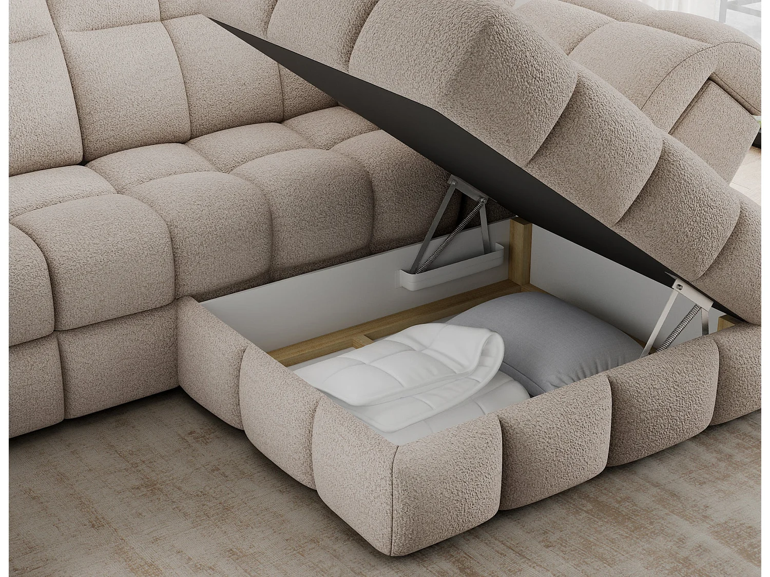 Ecksofa Bronon mit Schlaffunktion und Bettkasten – Modernes Design, verstellbare Kopfstützen und verschiebbare Rückenlehnen