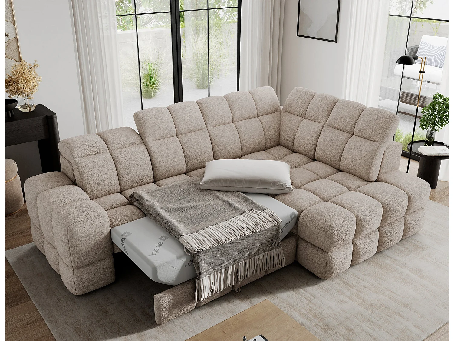 Ecksofa Bronon mit Schlaffunktion und Bettkasten – Modernes Design, verstellbare Kopfstützen und verschiebbare Rückenlehnen