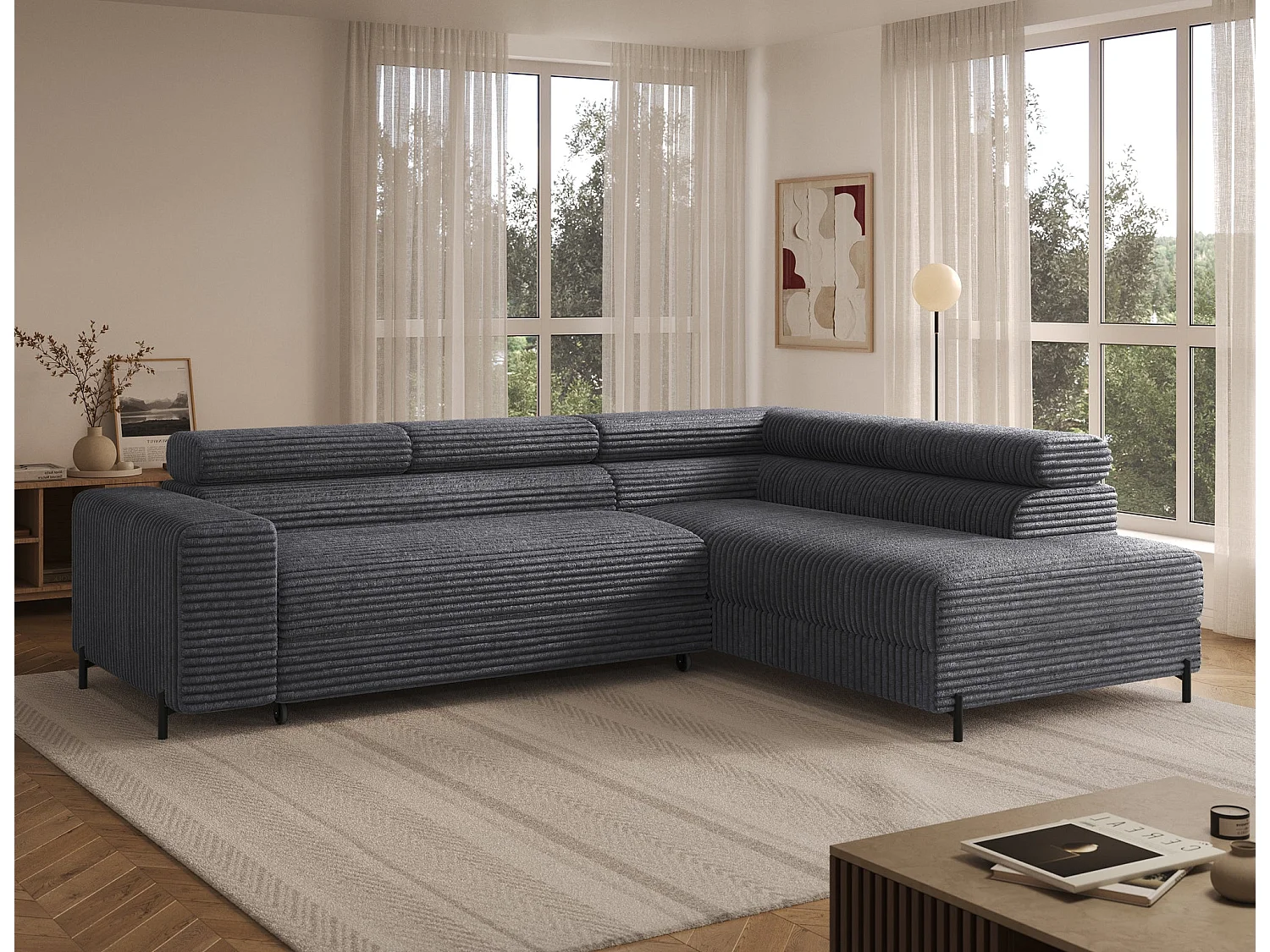 Ecksofa COLESIO L-Form, Schlaffunktion, Bettkasten, verstellbare Kopfstützen, Wellenfederung, Metallfüße, breiter Cordstoff