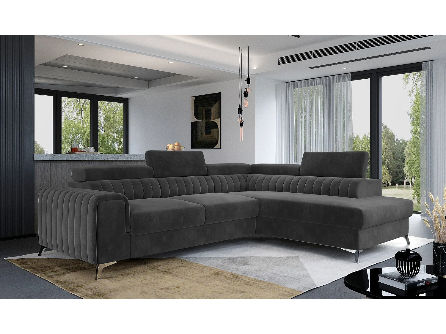 Moderno Divano Letto ad Angolo a Forma di L Laurence con Contenitore & Poggiatesta Regolabili 278x205cm