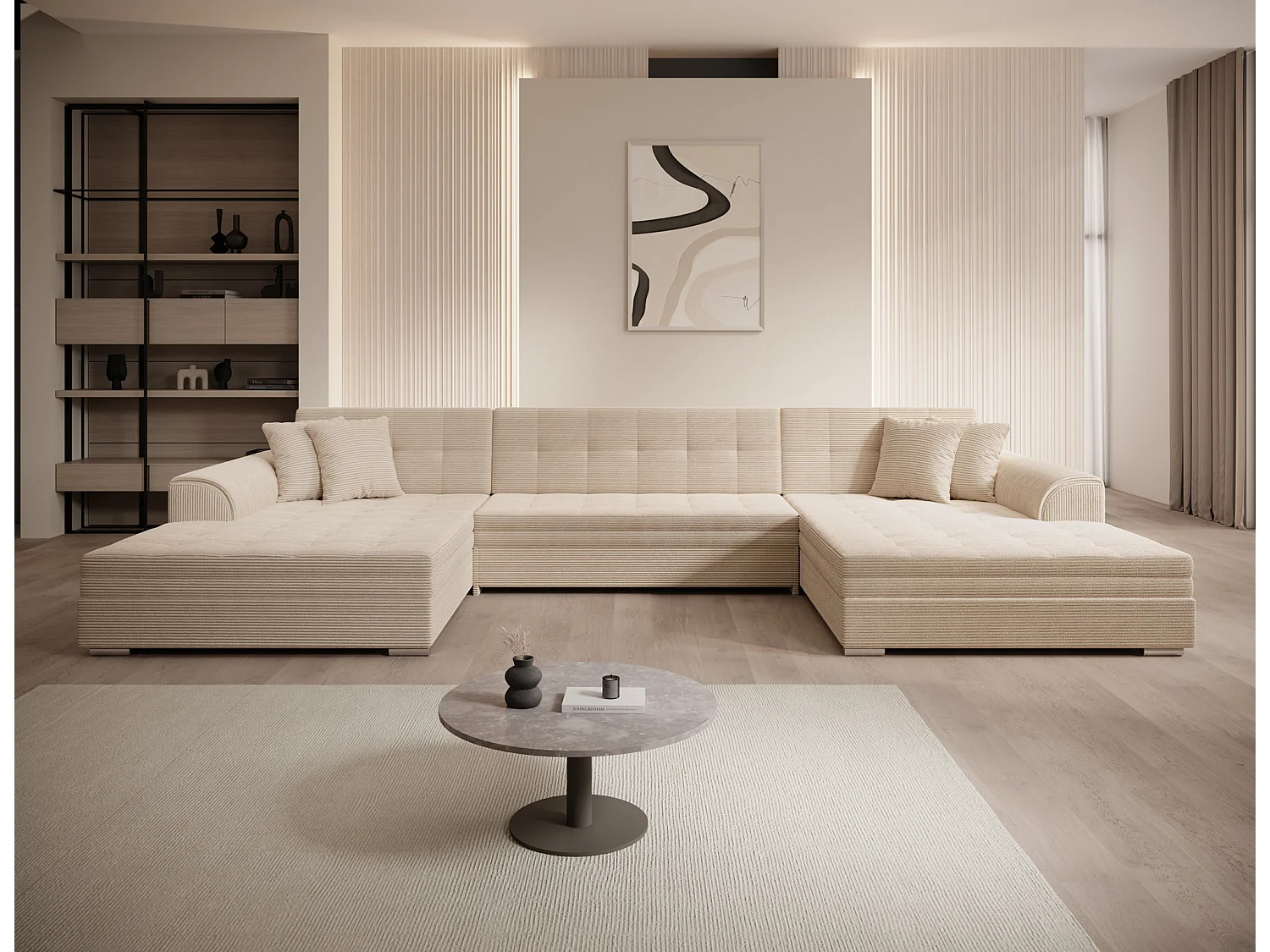 Canapé d'angle VENTO en forme de U avec fonction lit et oreillers 359 cm - Design moderne & grand confort