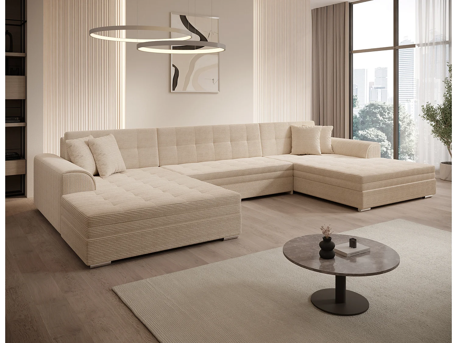 Canapé d'angle VENTO en forme de U avec fonction lit et oreillers 359 cm - Design moderne & grand confort