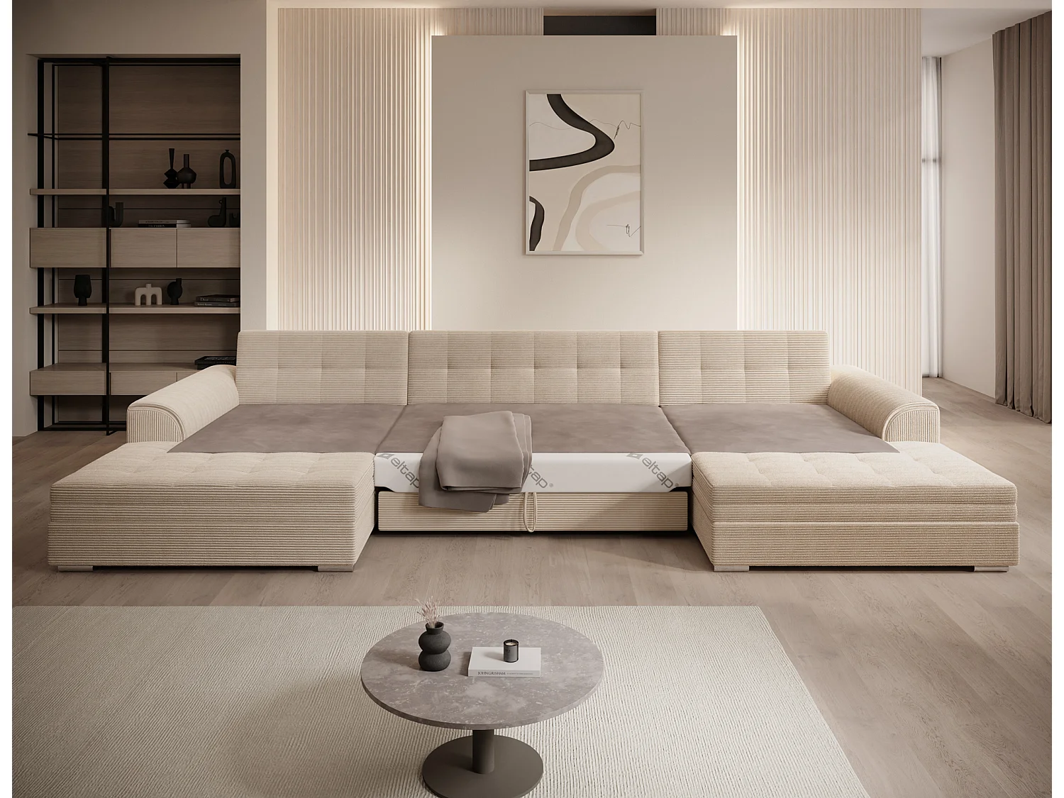 Canapé d'angle VENTO en forme de U avec fonction lit et oreillers 359 cm - Design moderne & grand confort