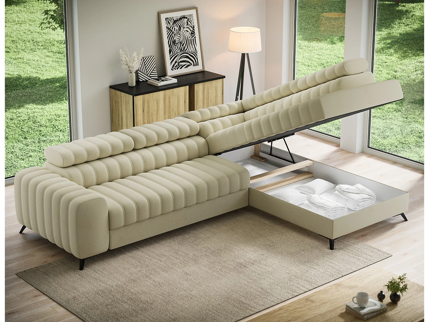 Kanedo Slaapbank met Opbergruimte en Verstelbare Hoofdsteunen - Modern Design, Metalen Poten, Beige Stof en Velours