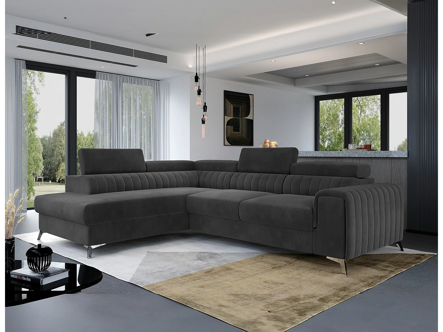 Moderno divano letto a L Laurence con contenitore e poggiatesta regolabili 278x205cm