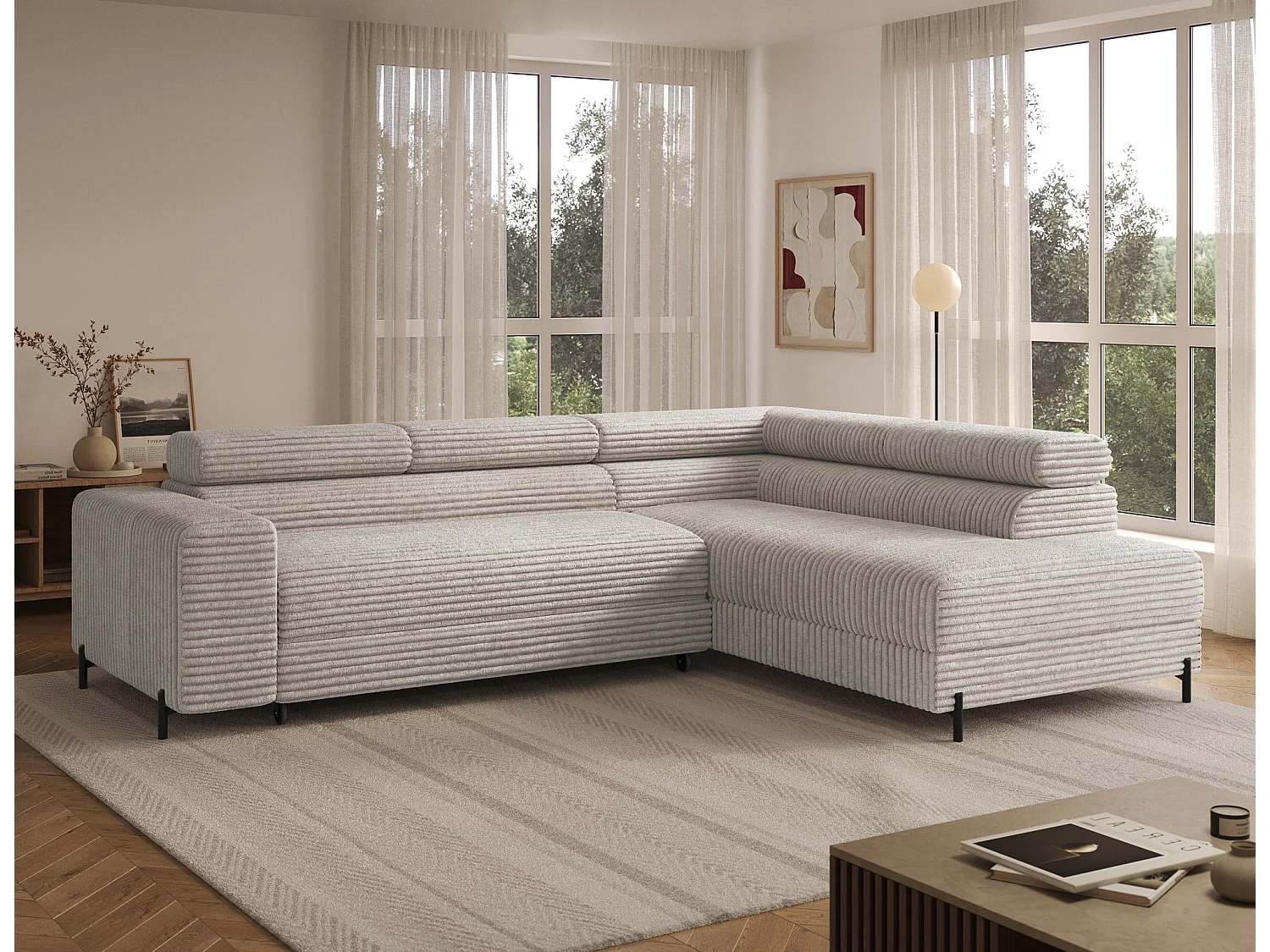 Ecksofa COLESIO L-Form, Schlaffunktion, Bettkasten, verstellbare Kopfstützen, Wellenfederung, Metallfüße, breiter Cordstoff