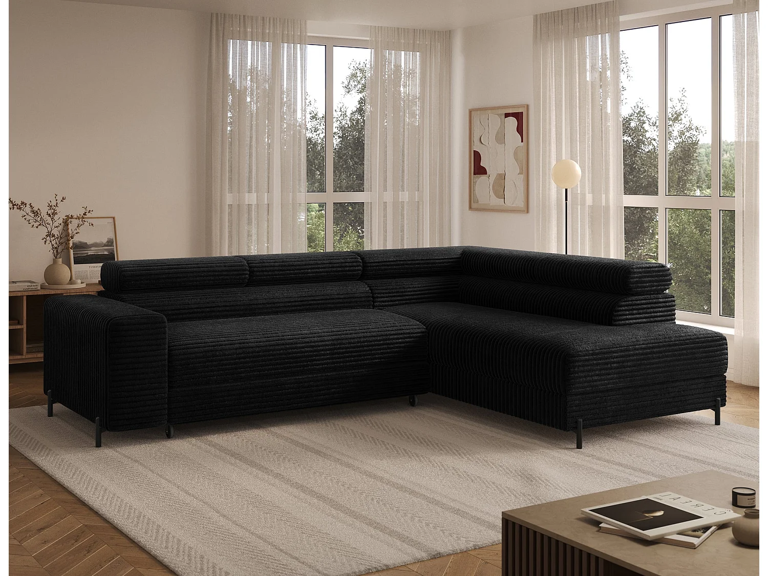 Ecksofa COLESIO L-Form, Schlaffunktion, Bettkasten, verstellbare Kopfstützen, Wellenfederung, Metallfüße, breiter Cordstoff