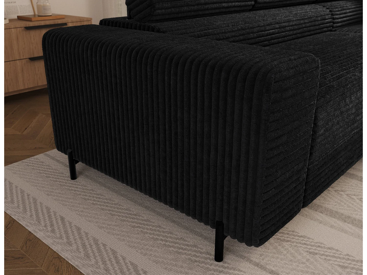 Ecksofa COLESIO L-Form, Schlaffunktion, Bettkasten, verstellbare Kopfstützen, Wellenfederung, Metallfüße, breiter Cordstoff