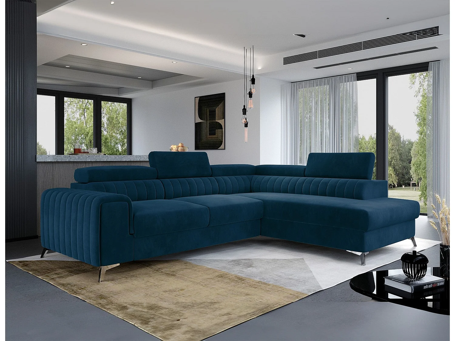 Canapé-Lit en Forme de L Moderne Bleu avec Appuie-Têtes Réglables & Rangement - Laurence 278 x 205 cm