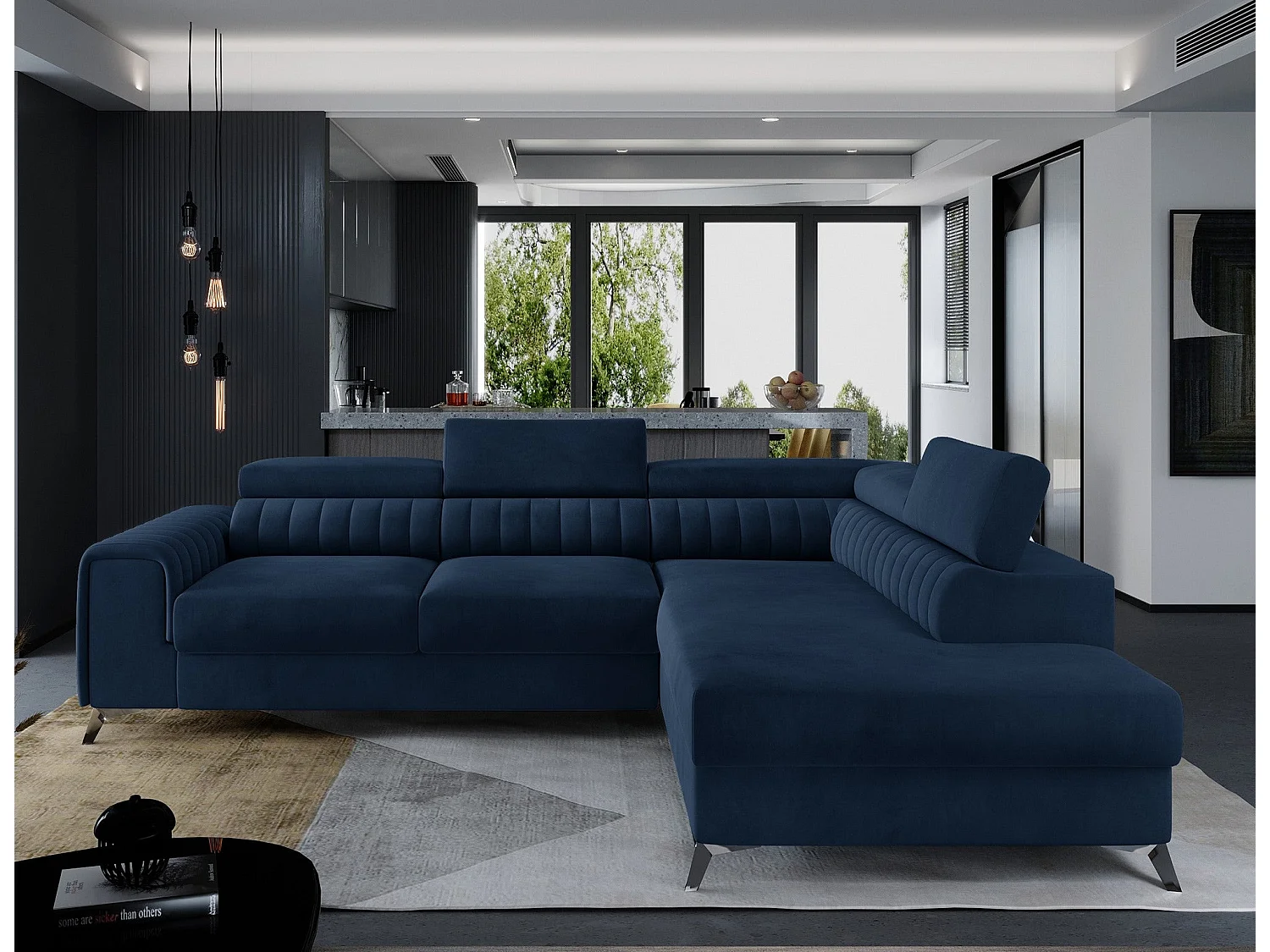 Canapé-Lit en Forme de L Moderne Bleu avec Appuie-Têtes Réglables & Rangement - Laurence 278 x 205 cm