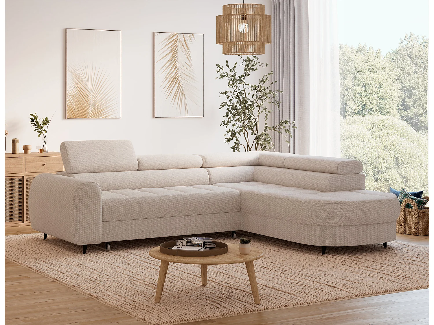 Moderno Divano Angolare Beige Vesteria con Funzione Letto, Poggiatesta Regolabili e Compartimento Portaoggetti