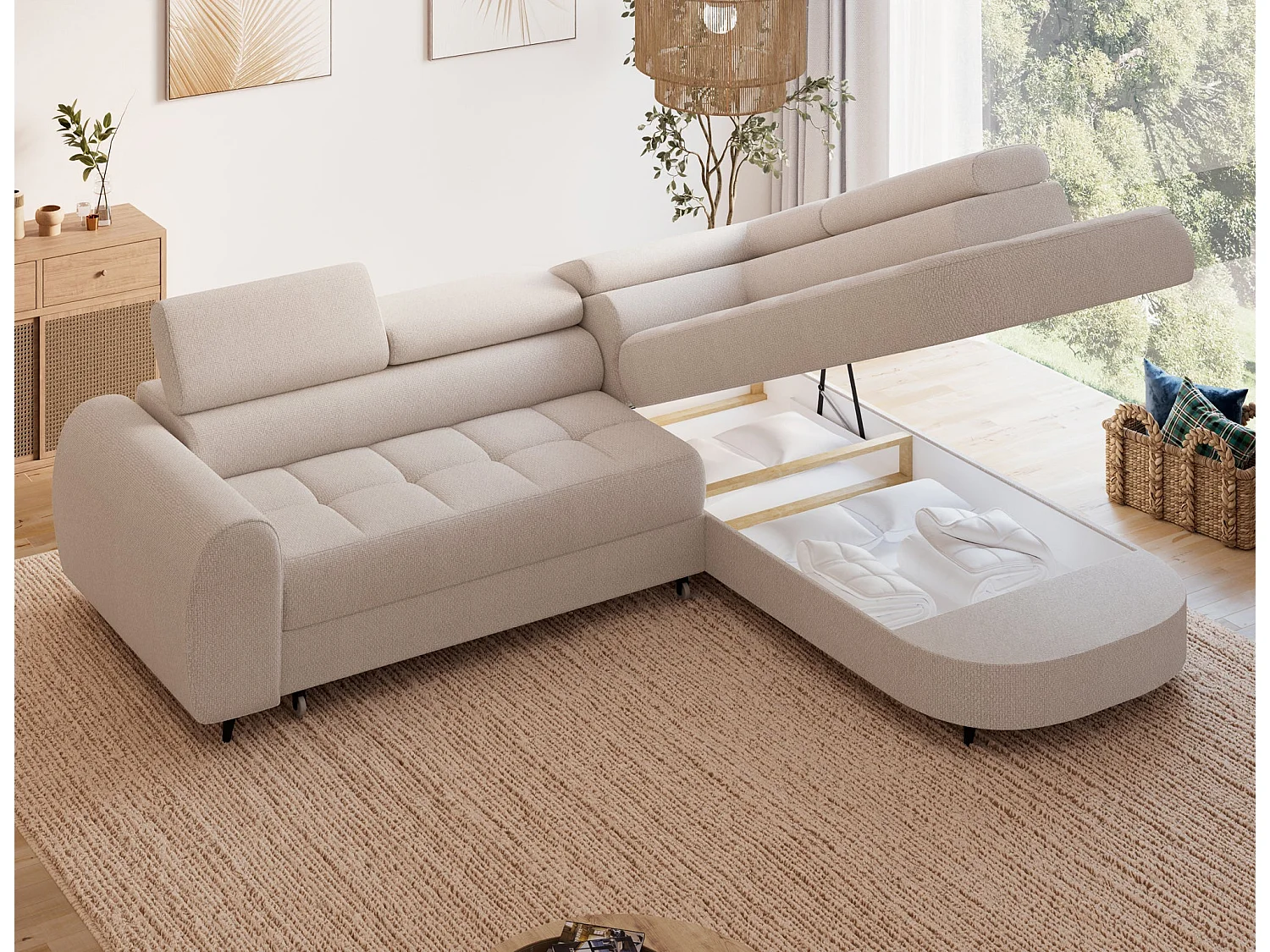 Moderno Divano Angolare Beige Vesteria con Funzione Letto, Poggiatesta Regolabili e Compartimento Portaoggetti