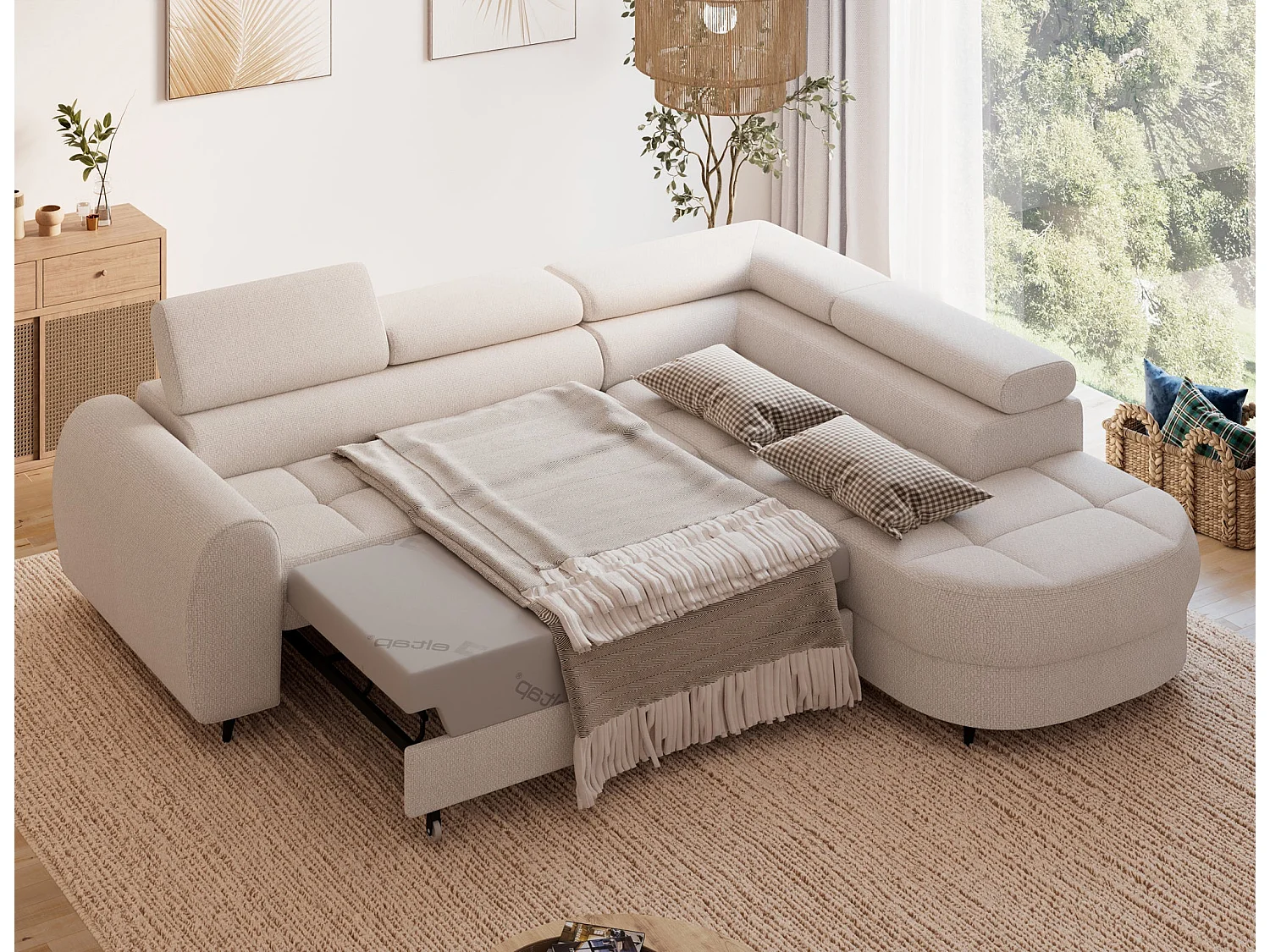 Moderno Divano Angolare Beige Vesteria con Funzione Letto, Poggiatesta Regolabili e Compartimento Portaoggetti