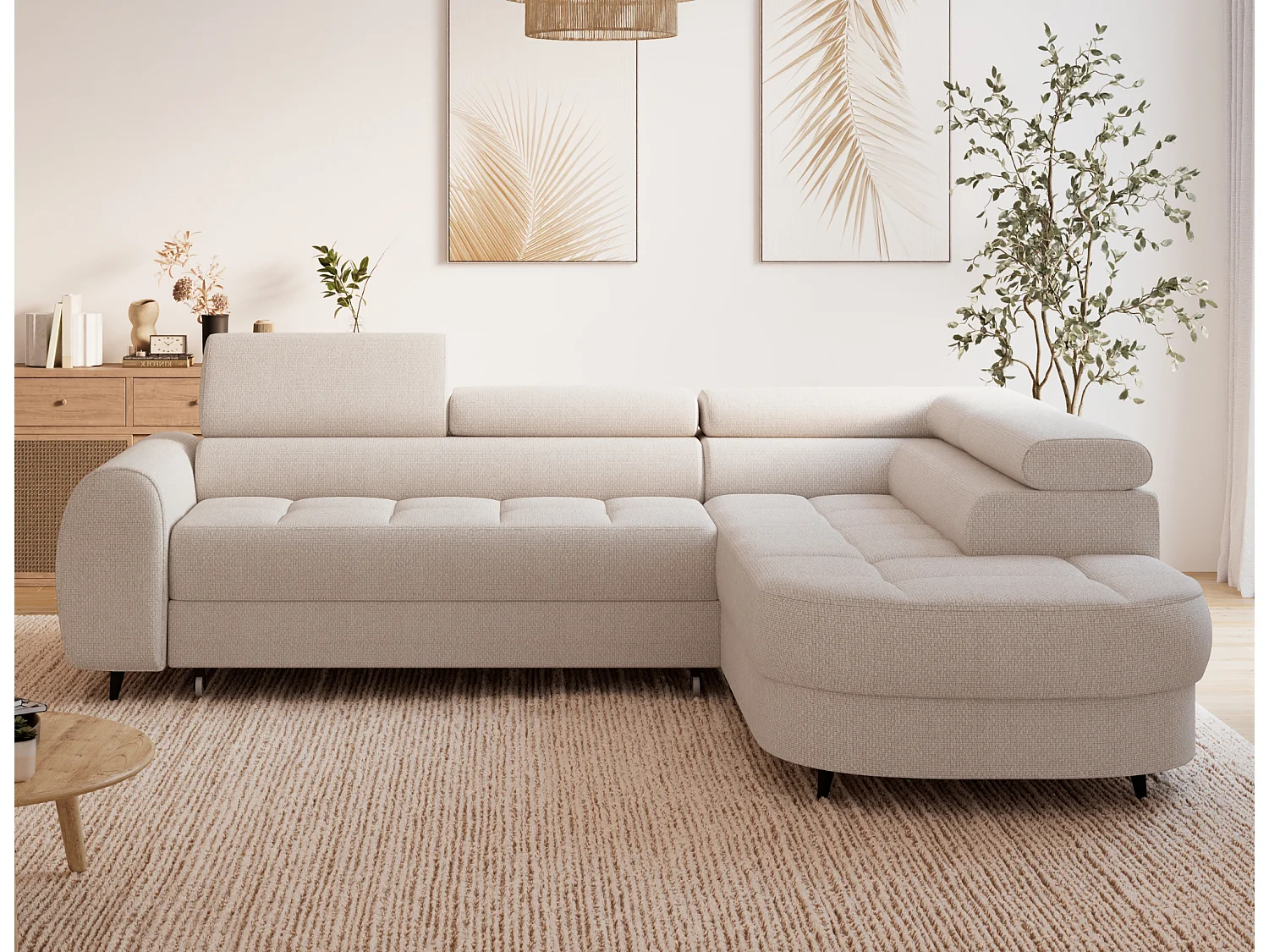 Moderno Divano Angolare Beige Vesteria con Funzione Letto, Poggiatesta Regolabili e Compartimento Portaoggetti