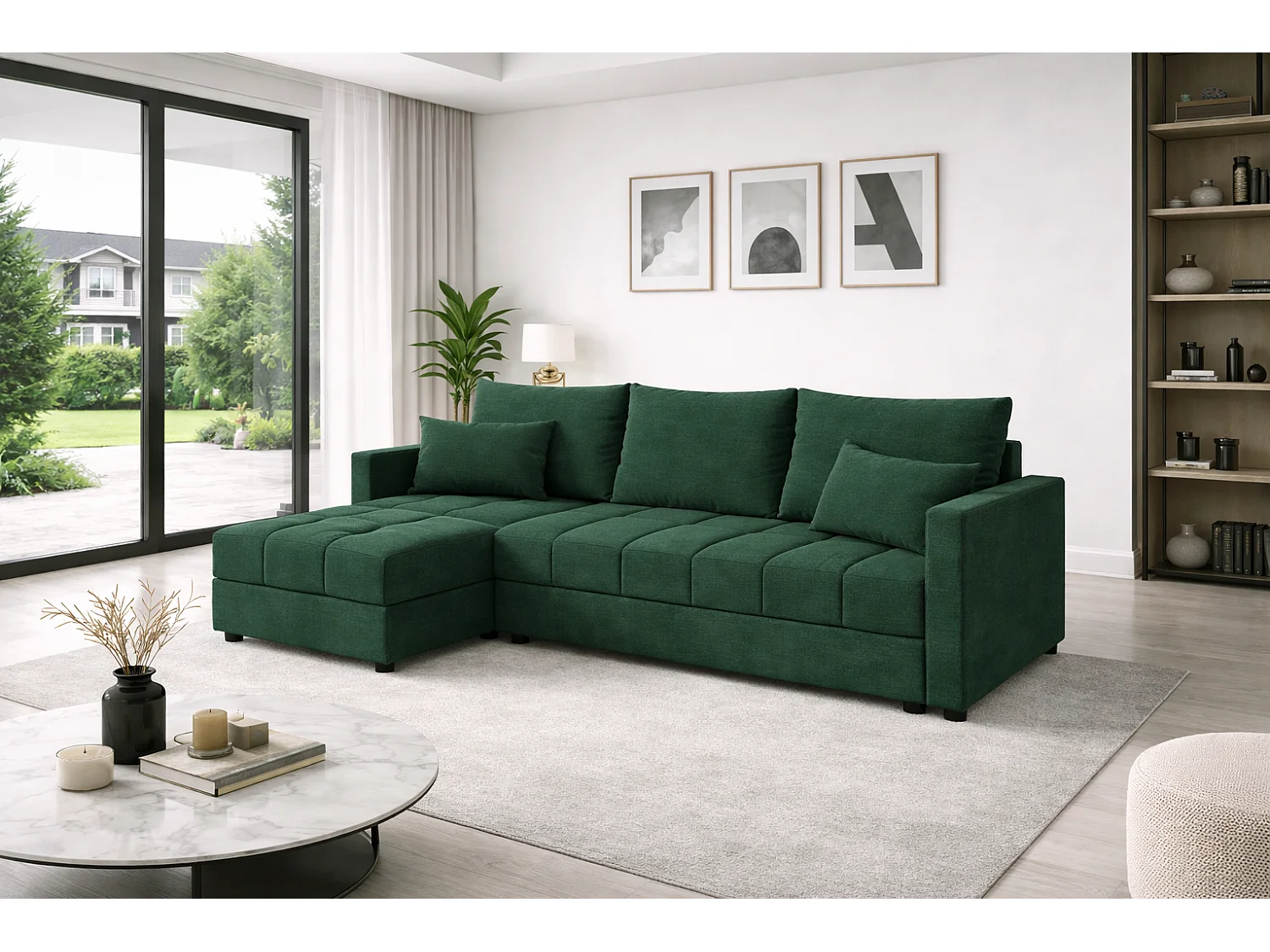 ECKSOFA AURELIA– in L-Form mit Schlaffunktion Bettkasten & Kissen Stoff KRONOS 226 cm  Grün