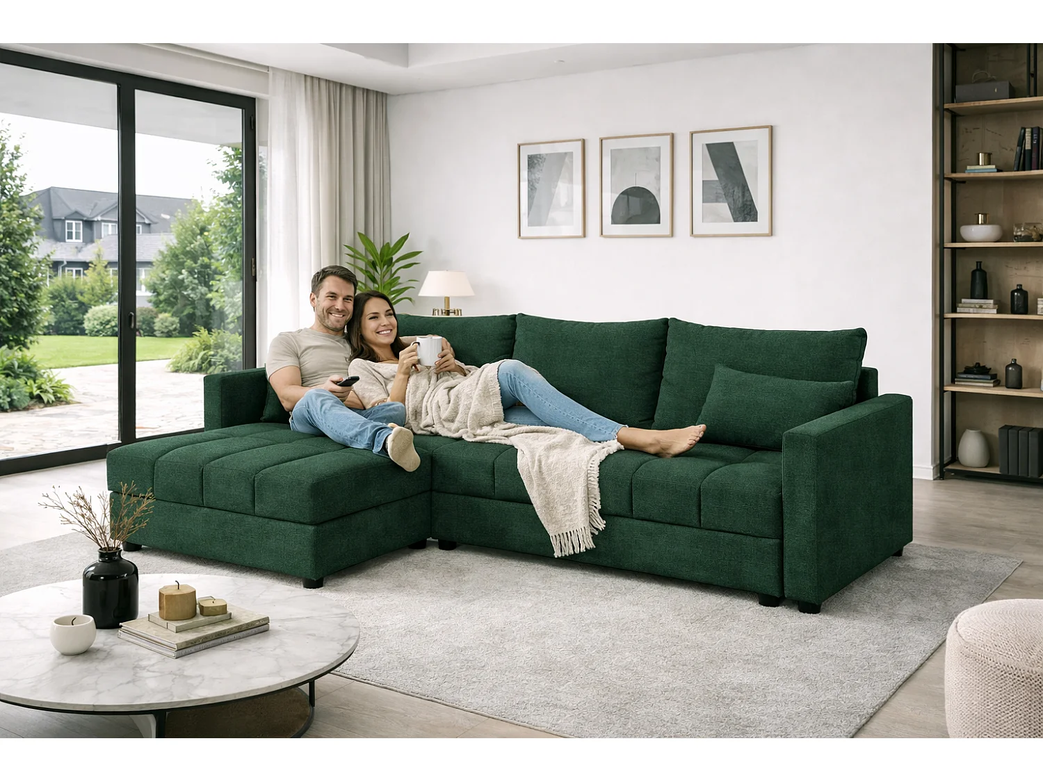 ECKSOFA AURELIA– in L-Form mit Schlaffunktion Bettkasten & Kissen Stoff KRONOS 226 cm  Grün