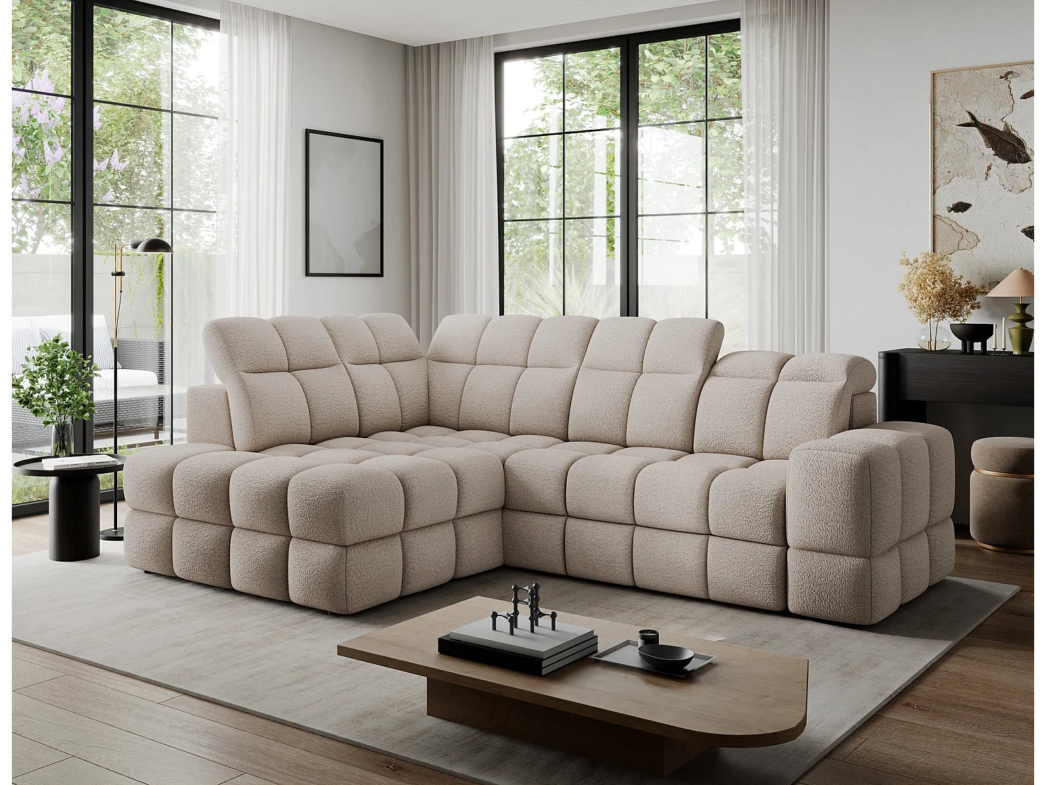 Canapé d'angle 3 places convertible avec rangement en tissu beige